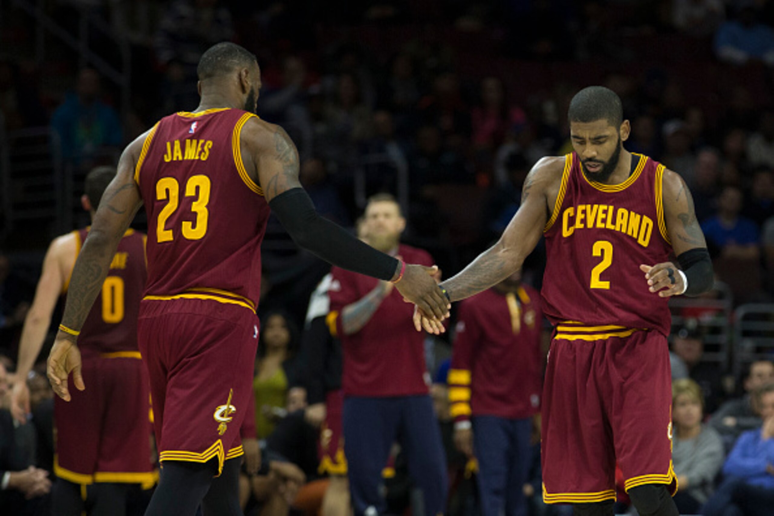 PHILADELPHIA, PA - NOVEMBER 27: LeBron James #23 of the Cleveland Cavaliers celebrates with Kyrie Irving #2 against the Philadelphia 76ers at Wells Fargo Center on November 27, 2016 in Philadelphia, Pennsylvania. NOTE TO USER: User expressly acknowledges 