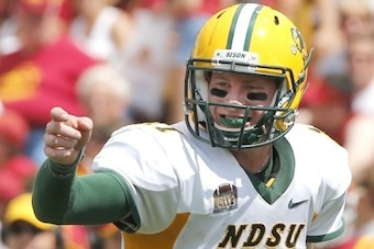 AMES, IA - AUGUST 30: Quarterback Carson Wentz #11 of the North Dakota State Bison calls a play in the second half of play against the Iowa State Cyclones at Jack Trice Stadium on August 30, 2014 in Ames, Iowa. North Dakota State defeated Iowa State 34-14