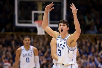 DURHAM, NC - DECEMBER 19: Grayson Allen #3 of the Duke Blue Devils reacts during their game against the Tennessee State Tigers at Cameron Indoor Stadium on December 19, 2016 in Durham, North Carolina. (Photo by Lance King/Getty Images)