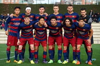 BARCELONA, SPAIN - JANUARY 31: The FC Barcelona U18 team (Back row L-R: Seung Ho Paik, Arnau Campeny, Rafa Mujica, Oriol Busquets, Adria Vilanova, Andreu Cases. Front row L-R: Eric Montes, Seung Woo Lee, Carles Alena, Marc Cucurella, Ferran Giner) line up