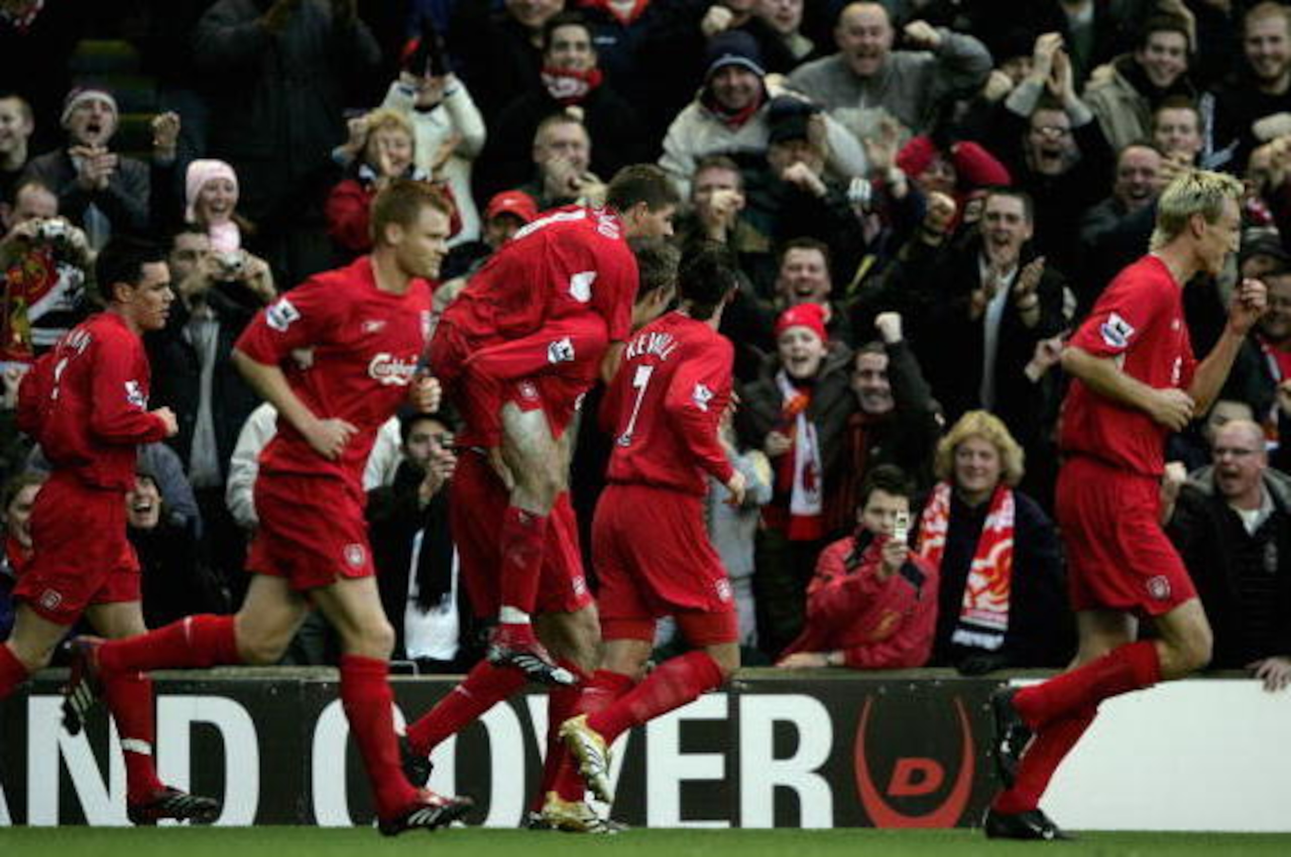 LIVERPOOL, UNITED KINGDOM - DECEMBER 26:  Steven Gerrard of Liverpool (C) celebrates with his teammates after he scored the first goal during the Barclays Premiership match between Liverpool and Newcastle United at Anfield on December 26, 2005 in Liverpoo