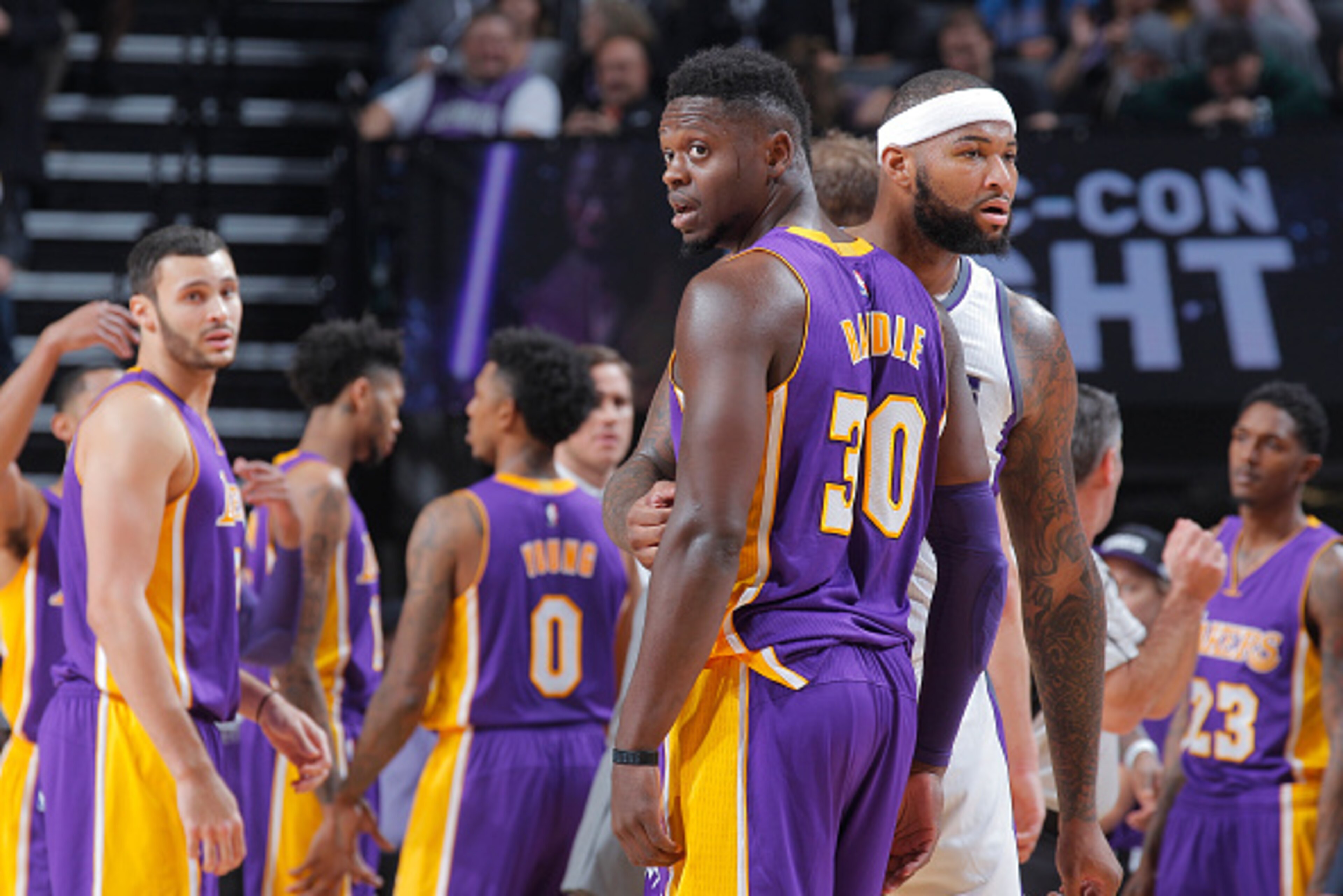 SACRAMENTO, CA - DECEMBER 12: Julius Randle #30 of the Los Angeles Lakers faces off against DeMarcus Cousins #15 of the Sacramento Kings on December 12, 2016 at Golden 1 Center in Sacramento, California. NOTE TO USER: User expressly acknowledges and agree