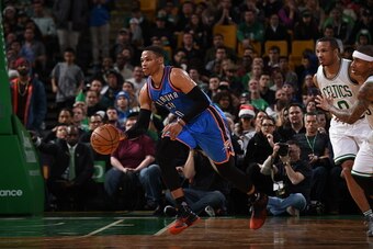 BOSTON, MA - DECEMBER 23: Russell Westbrook #0 of the Oklahoma City Thunder handles the ball against the Boston Celtics on December 23, 2016 at the TD Garden in Boston, Massachusetts.  NOTE TO USER: User expressly acknowledges and agrees that, by download