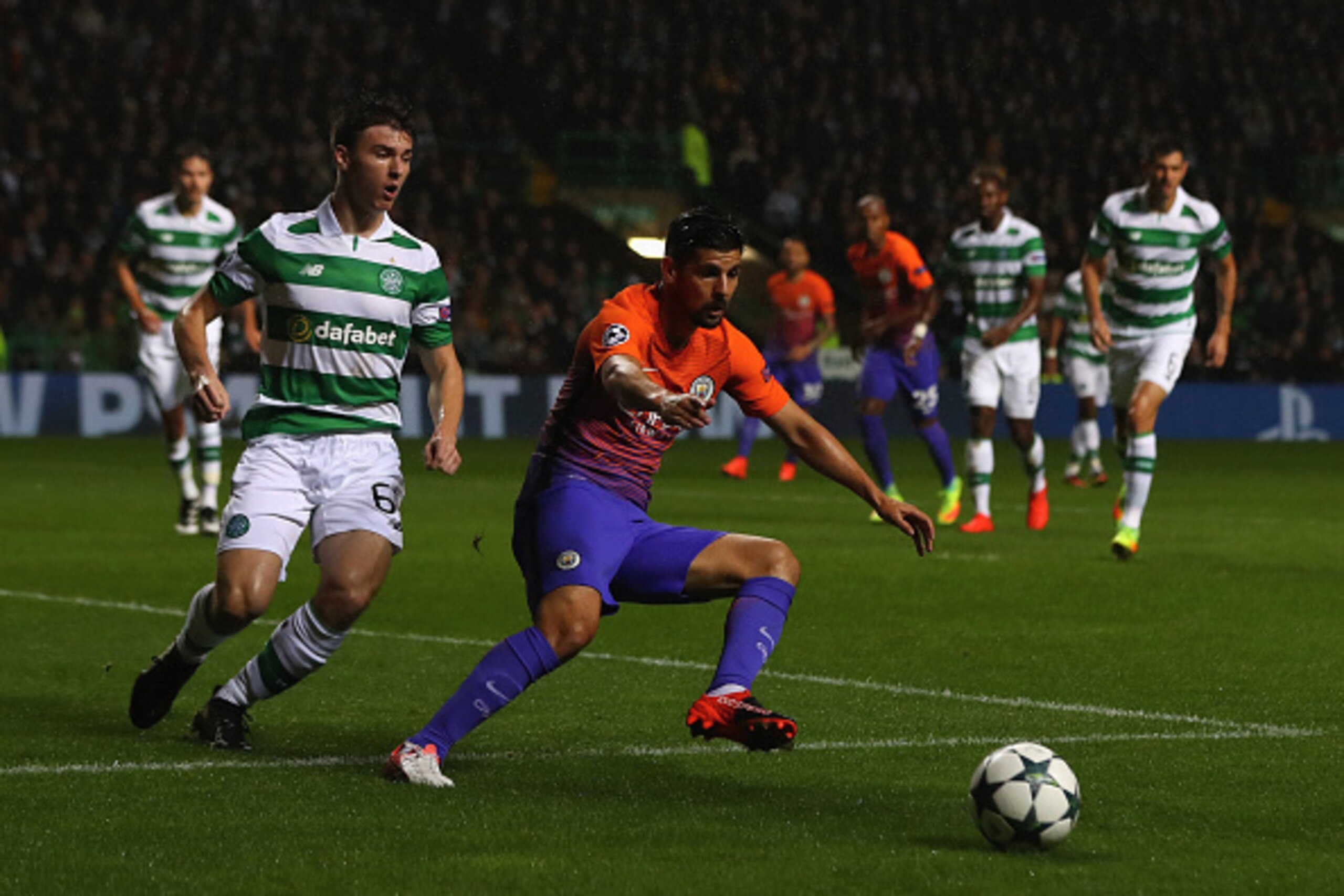 GLASGOW, SCOTLAND - SEPTEMBER 28: Nolito of Manchester City tracked by Kieran Tierney of Celtic during the UEFA Champions League match between Celtic and Manchester City at Celtic Park on September 28, 2016 in Glasgow, Scotland. (Photo by Michael Steele GLASGOW, SCOTLAND - SEPTEMBER 28: Nolito of Manchester City tracked by Kieran Tierney of Celtic during the UEFA Champions League match between Celtic and Manchester City at Celtic Park on September 28, 2016 in Glasgow, Scotland. (Photo by Michael Steele