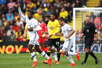 WATFORD, ENGLAND - AUGUST 20: Michy Batshuayi of Chelsea celebrates scoring his sides first goal during the Premier League match between Watford and Chelsea at Vicarage Road on August 20, 2016 in Watford, England.  (Photo by Steve Bardens/Getty Images)