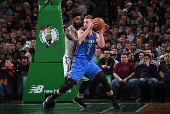 BOSTON, MA - DECEMBER 23: Domantas Sabonis #3 of the Oklahoma City Thunder posts up against the Boston Celtics on December 23, 2016 at the TD Garden in Boston, Massachusetts.  NOTE TO USER: User expressly acknowledges and agrees that, by downloading and o
