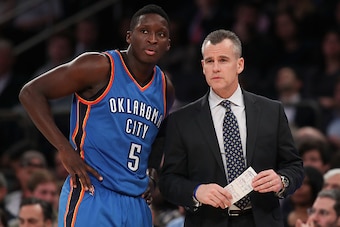 NEW YORK, NY - NOVEMBER 28:  Victor Oladipo #5 and head coach Billy Donovan of the Oklahoma City Thunder look on against the New York Knicks during the second half at Madison Square Garden on November 28, 2016 in New York City. NOTE TO USER: User expressl