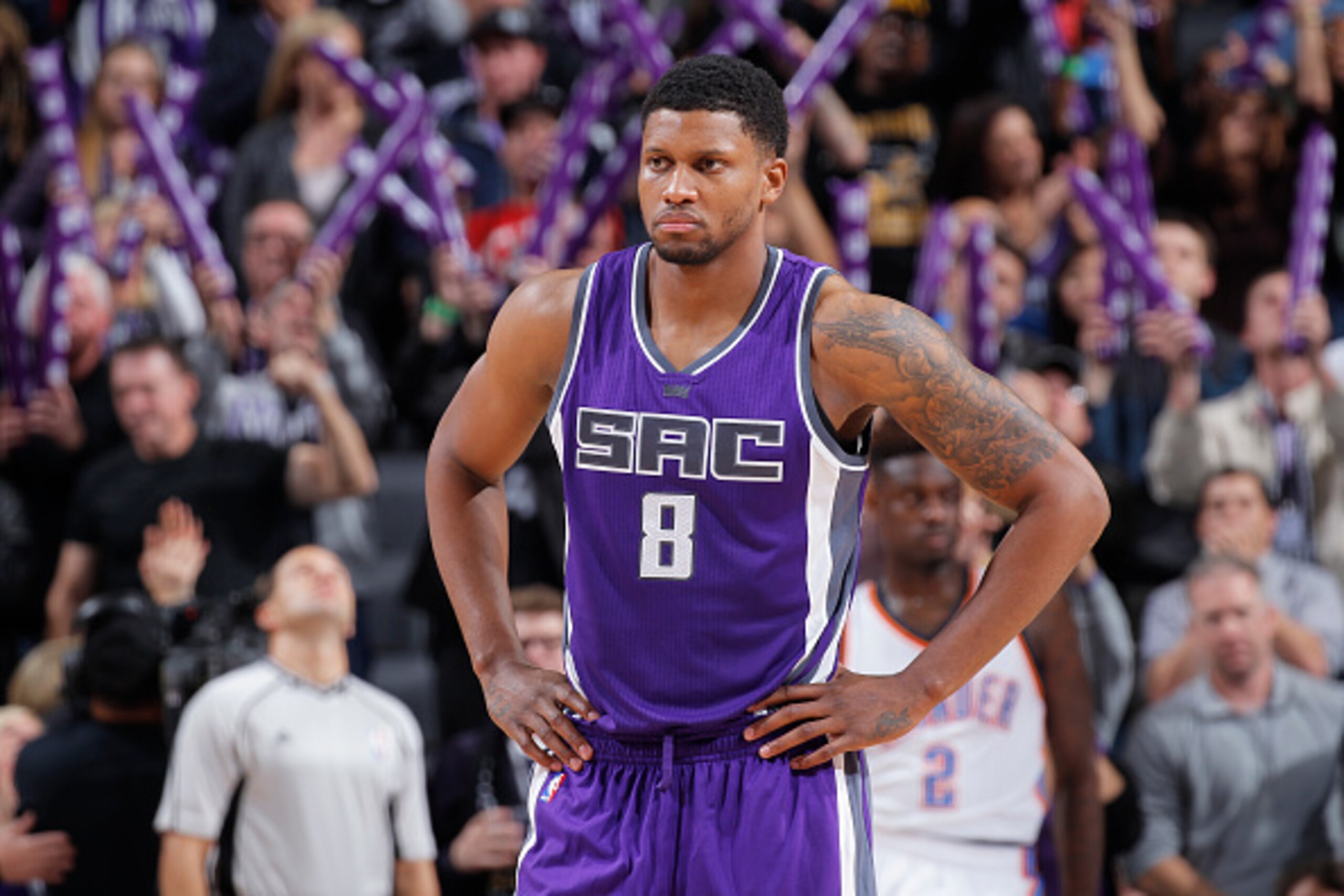 SACRAMENTO, CA - NOVEMBER 23: Rudy Gay #8 of the Sacramento Kings looks on during the game against the Oklahoma City Thunder on November 23, 2016 at Golden 1 Center in Sacramento, California. NOTE TO USER: User expressly acknowledges and agrees that, by d