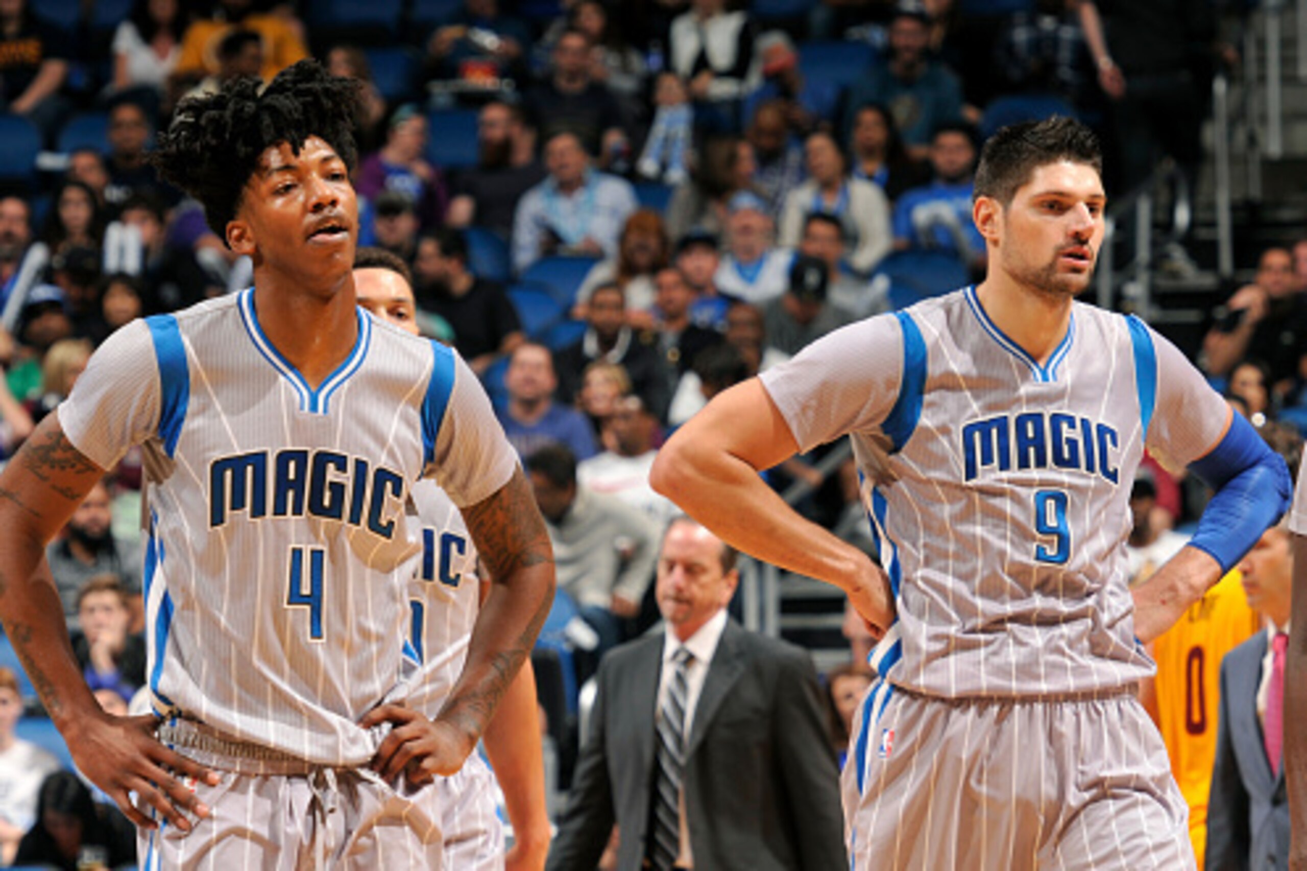 ORLANDO, FL - DECEMBER 11: Elfrid Payton #4, Nikola Vucevic #9 and Victor Oladipo #5 of the Orlando Magic during the game against the Cleveland Cavaliers on December 11, 2015 at Amway Center in Orlando, Florida. NOTE TO USER: User expressly acknowledges a