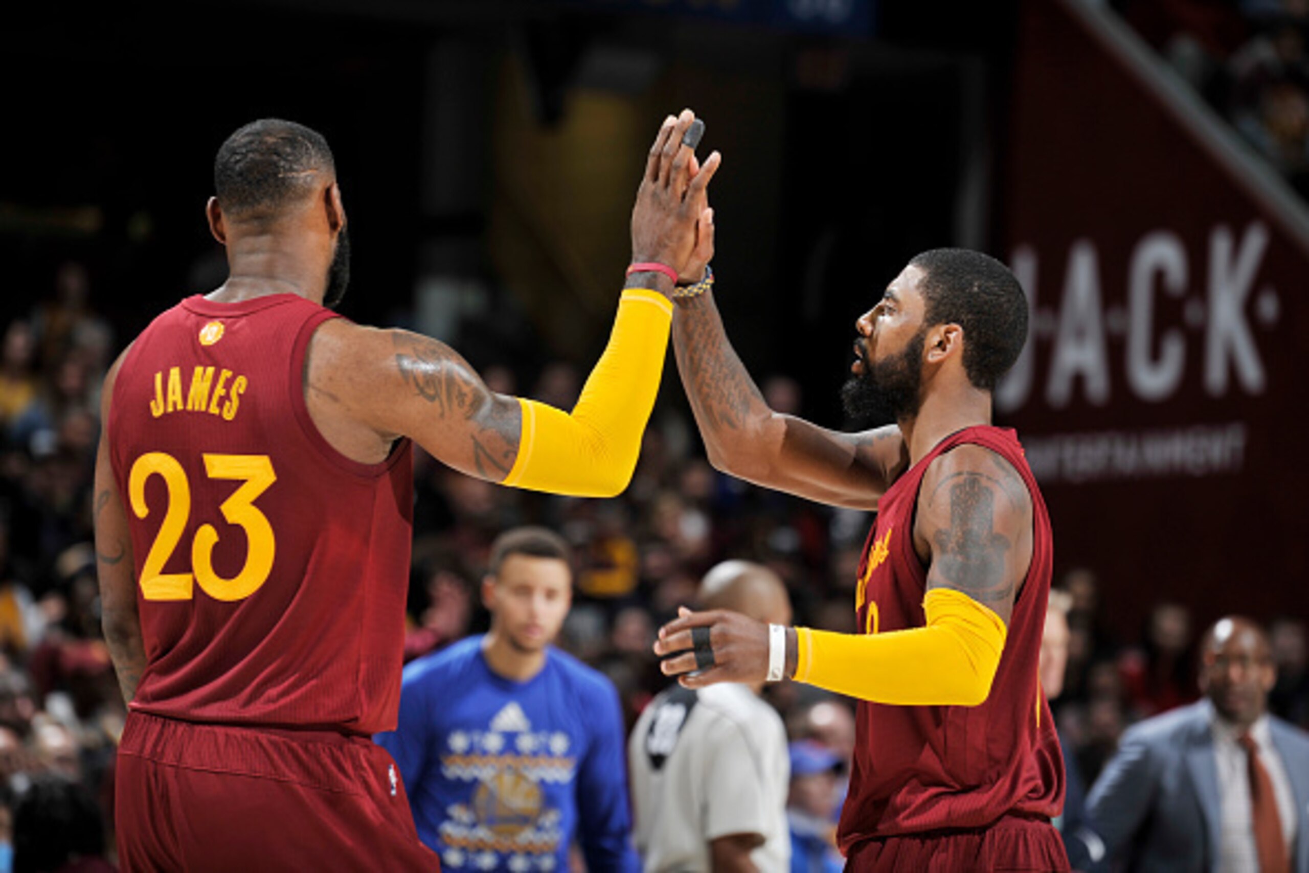 CLEVELAND, OH - DECEMBER 25:  Kyrie Irving #2 and LeBron James #23 of the Cleveland Cavaliers shake hands during the game against the Golden State Warriors on December 25, 2016 at Quicken Loans Arena in Cleveland, Ohio. NOTE TO USER: User expressly acknow