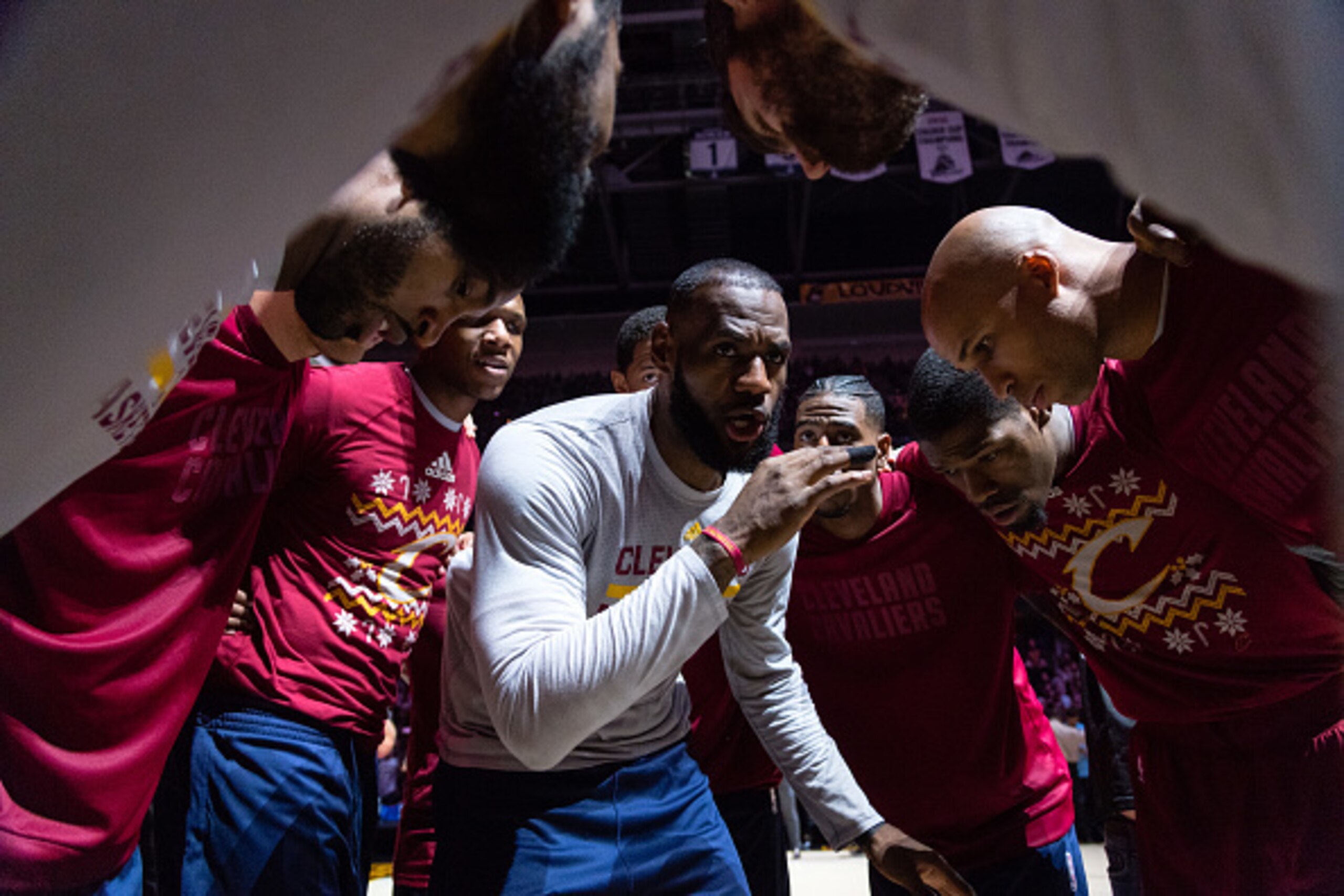 CLEVELAND, OH - DECEMBER 25: LeBron James #23 of the Cleveland Cavaliers rallies his teammates in the huddle during player introductions prior to the game Golden State Warriors at Quicken Loans Arena on December 25, 2016 in Cleveland, Ohio. NOTE TO USER: 