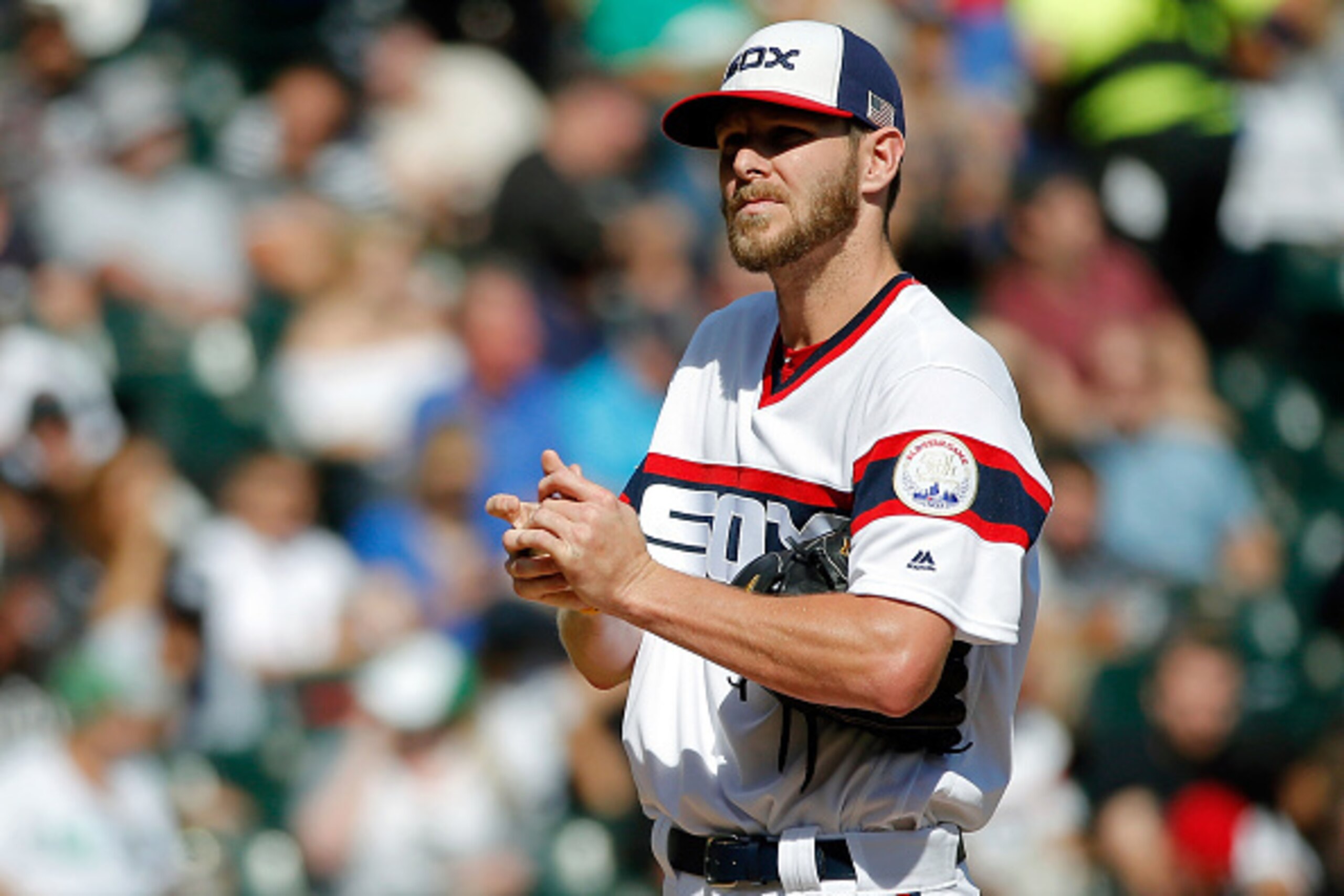 CHICAGO, IL - SEPTEMBER 11: Chris Sale #49 of the Chicago White Sox reacts after hitting Alcides Escobar #2 of the Kansas City Royals (not pictured) with a pitch during the fifth inning at U.S. Cellular Field on September 11, 2016 in Chicago, Illinois. Th