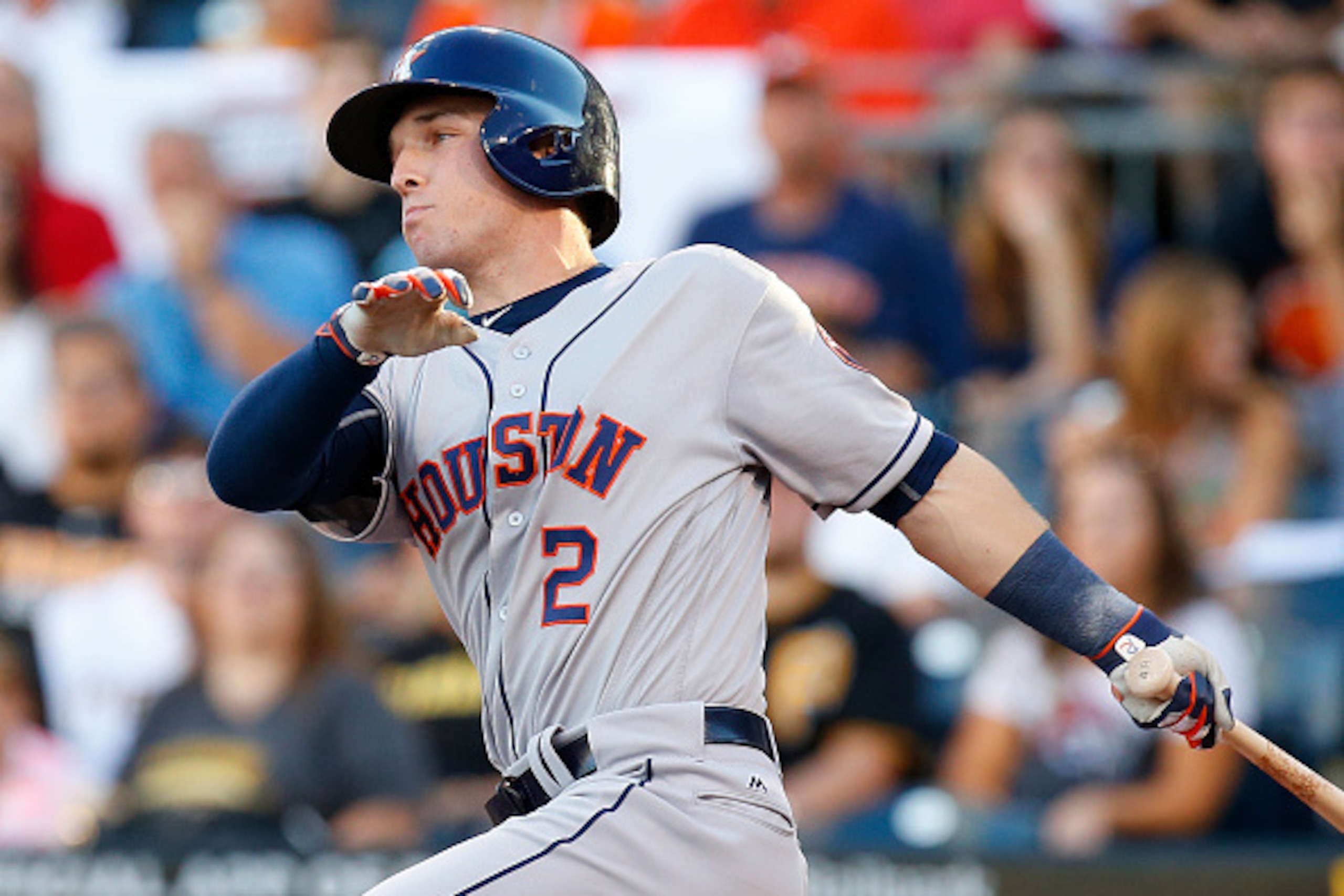 PITTSBURGH, PA - AUGUST 22:  Alex Bregman #2 of the Houston Astros in action during inter-league play against the Pittsburgh Pirates at PNC Park on August 22, 2016 in Pittsburgh, Pennsylvania.  (Photo by Justin K. Aller/Getty Images)