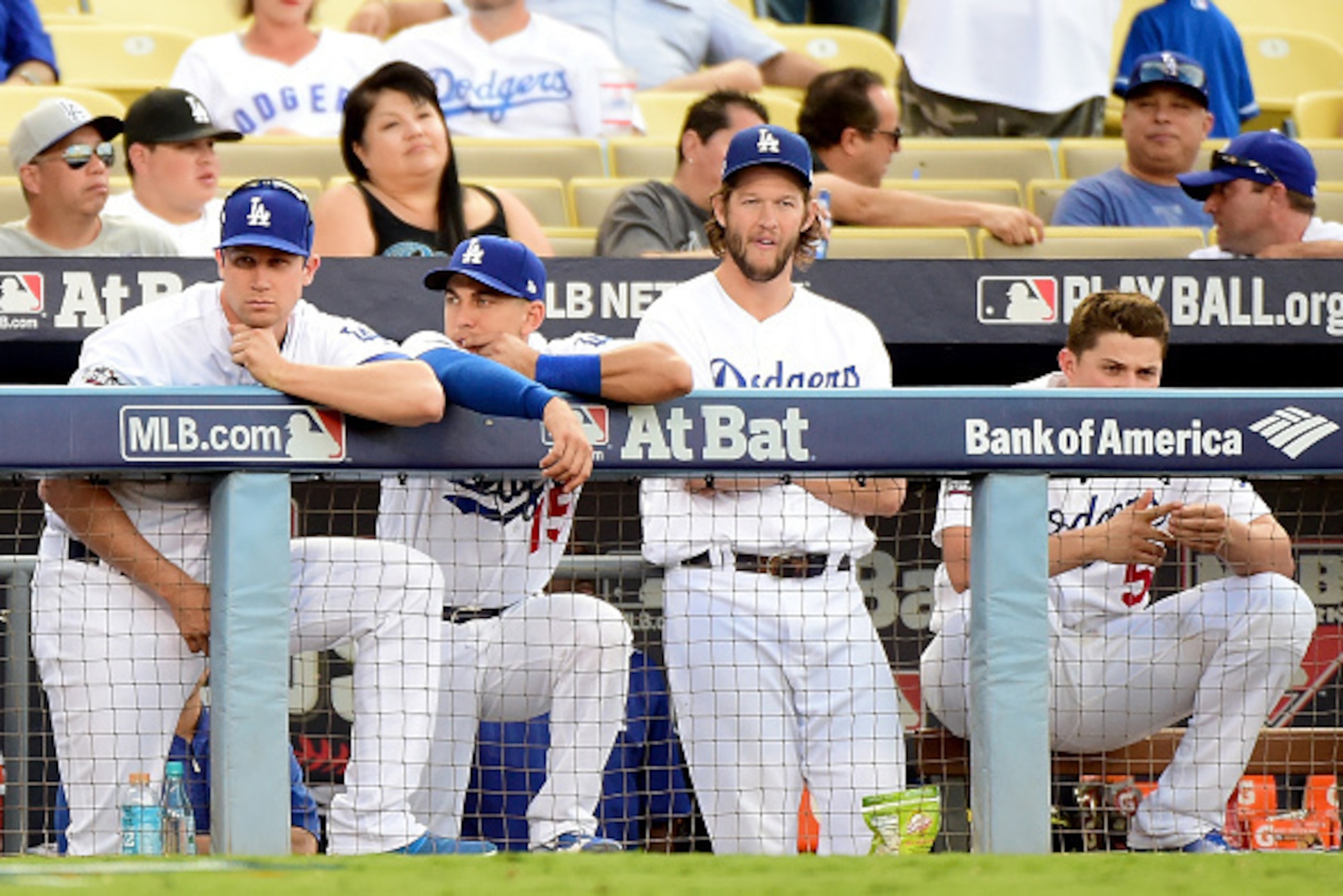 LOS ANGELES, CA - OCTOBER 10:  Clayton Kershaw #22 of the Los Angeles Dodgers looks on in the ninth inning while taking on the Washington Nationals in game three of the National League Division Series at Dodger Stadium on October 10, 2016 in Los Angeles, 