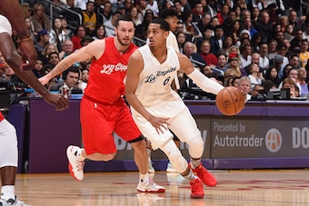 LOS ANGELES, CA - DECEMBER 25: Jordan Clarkson #6 of the Los Angeles Lakers handles the ball against the LA Clippers on December 25, 2016 at STAPLES Center in Los Angeles, California. NOTE TO USER: User expressly acknowledges and agrees that, by downloadi