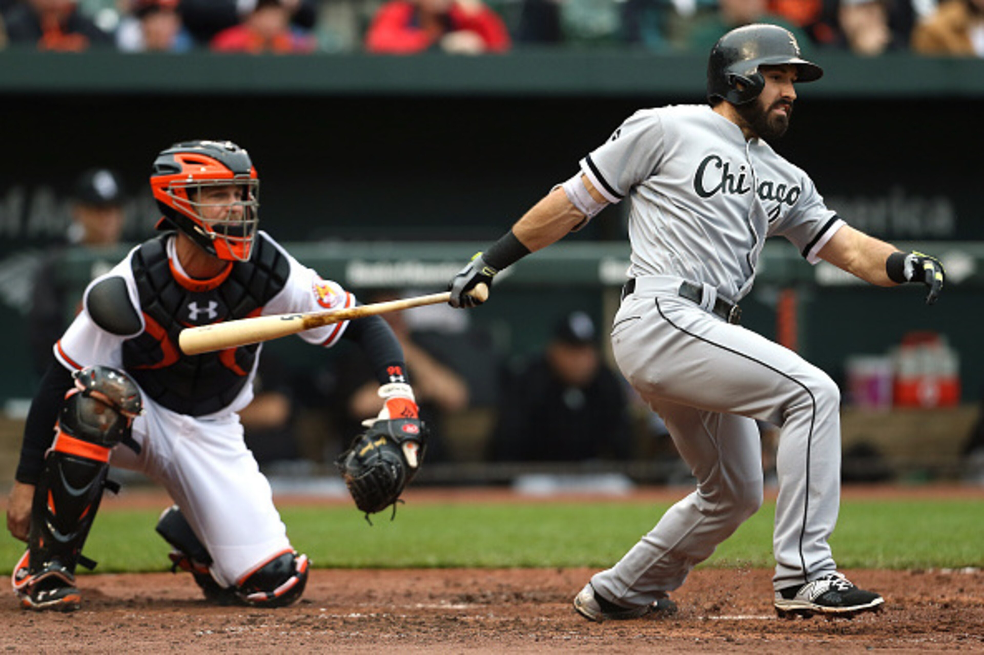BALTIMORE, MD - MAY 1: Adam Eaton #1 of the Chicago White Sox grounds out for the first out against the Baltimore Orioles in the third inning at Oriole Park at Camden Yards on May 1, 2016 in Baltimore, Maryland. (Photo by Matt Hazlett/Getty Images)