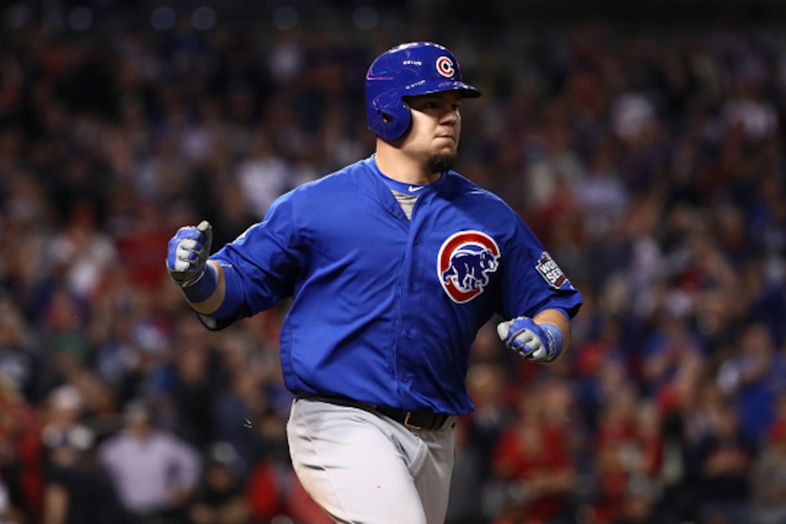 CLEVELAND, OH - NOVEMBER 02:  Kyle Schwarber #12 of the Chicago Cubs singles in the 10th inning against the Cleveland Indians in Game Seven of the 2016 World Series at Progressive Field on November 2, 2016 in Cleveland, Ohio.  (Photo by Ezra Shaw/Getty Im