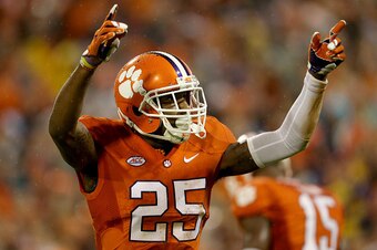 CLEMSON, SC - OCTOBER 03:  Cordrea Tankersley #25 of the Clemson Tigers reacts after a play against the Notre Dame Fighting Irish during their game at Clemson Memorial Stadium on October 3, 2015 in Clemson, South Carolina.  (Photo by Streeter Lecka/Getty 