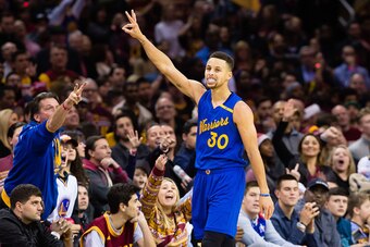 CLEVELAND, OH - DECEMBER 25: Stephen Curry #30 of the Golden State Warriors celebrates after hitting a three point shot during the second half against the Cleveland Cavaliers at Quicken Loans Arena on December 25, 2016 in Cleveland, Ohio. The Cavaliers de