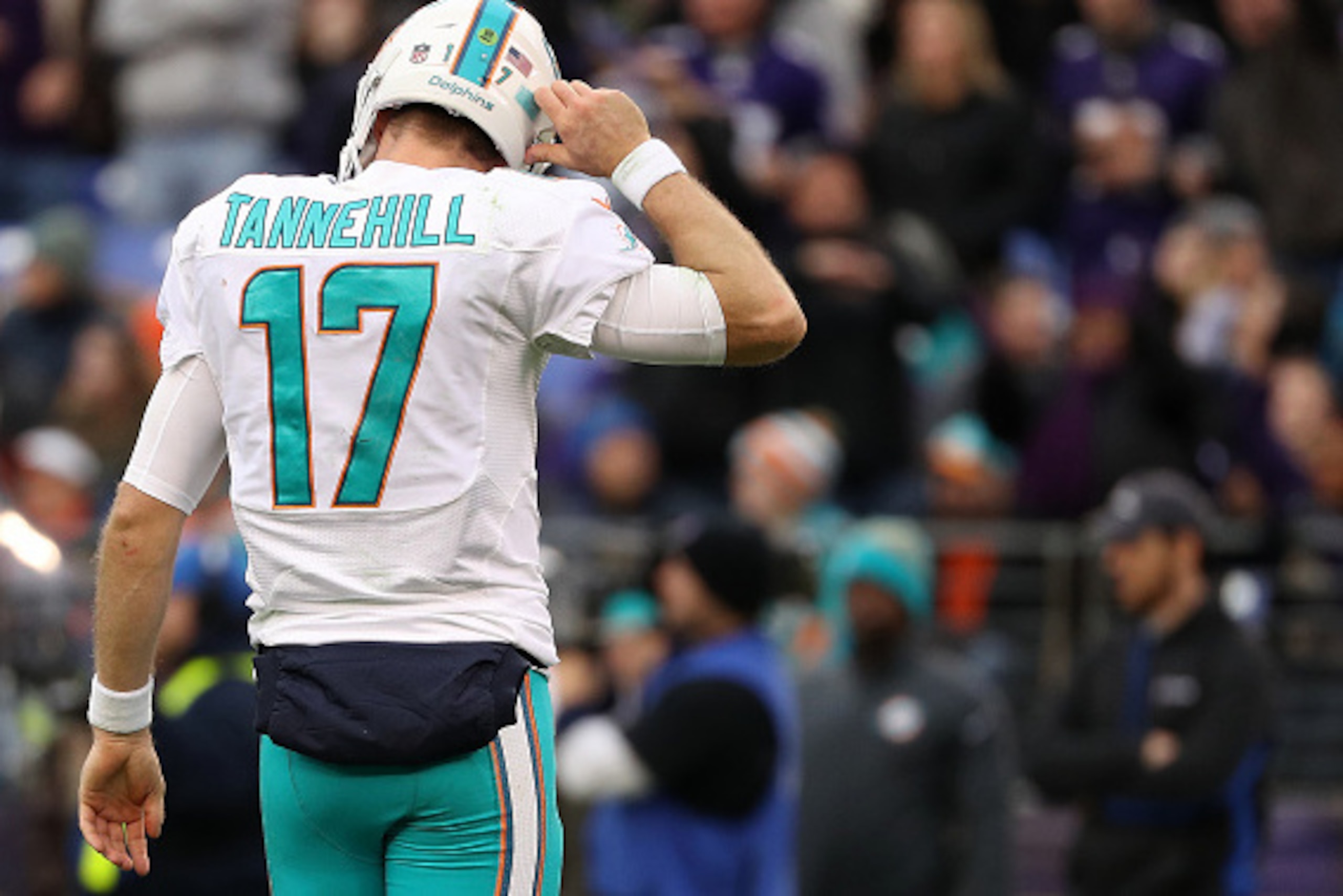 BALTIMORE, MD - DECEMBER 4: Quarterback Ryan Tannehill #17 of the Miami Dolphins looks on against the Baltimore Ravens in the fourth quarter at M&T Bank Stadium on December 4, 2016 in Baltimore, Maryland. (Photo by Patrick Smith/Getty Images)