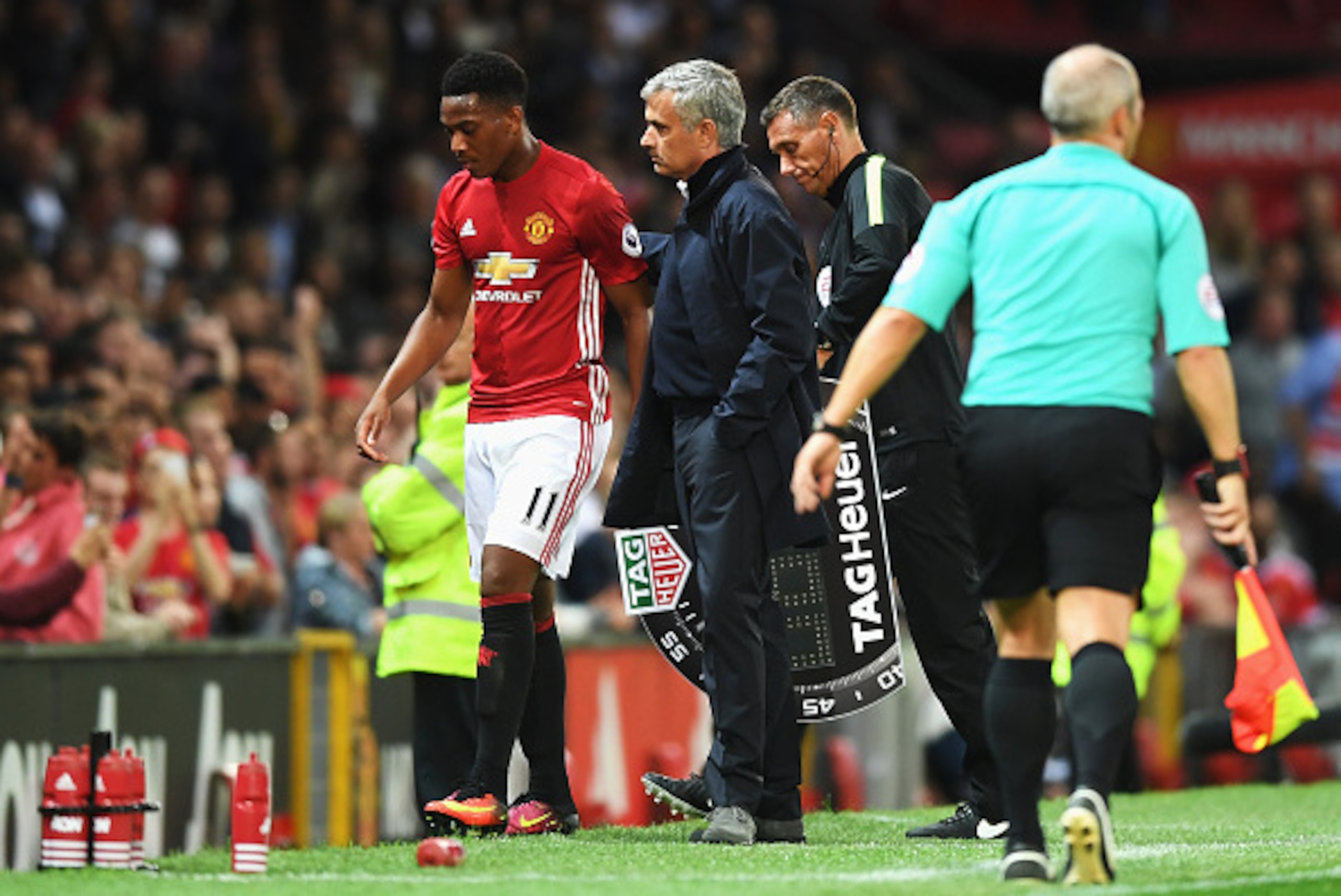 MANCHESTER, ENGLAND - AUGUST 19: Anthony Martial of Manchester United is substituted by Jose Mourinho, Manager of Manchester United during the Premier League match between Manchester United and Southampton at Old Trafford on August 19, 2016 in Manchester MANCHESTER, ENGLAND - AUGUST 19: Anthony Martial of Manchester United is substituted by Jose Mourinho, Manager of Manchester United during the Premier League match between Manchester United and Southampton at Old Trafford on August 19, 2016 in Manchester
