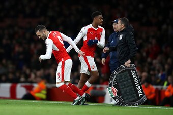 LONDON, ENGLAND - DECEMBER 26:  Alex Iwobi of Arsenal is substituted for Lucas of Arsenal during the Premier League match between Arsenal and West Bromwich Albion at Emirates Stadium on December 26, 2016 in London, England.  (Photo by Julian Finney/Getty 