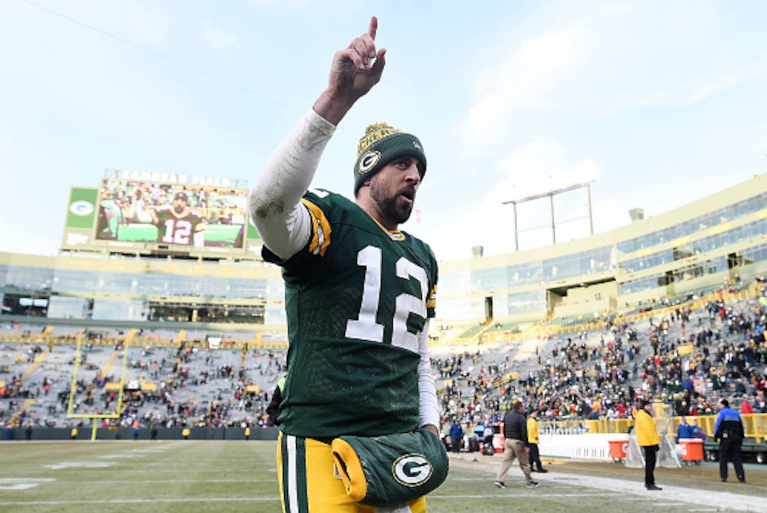 GREEN BAY, WI - DECEMBER 24:  Aaron Rodgers #12 of the Green Bay Packers leaves the field following a victory over the Minnesota Vikings at Lambeau Field on December 24, 2016 in Green Bay, Wisconsin.  Green Bay defeated the Vikings 38-25.  (Photo by Stacy