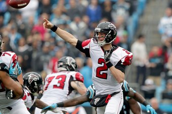 CHARLOTTE, NC - DECEMBER 24:   Matt Ryan #2 of the Atlanta Falcons throws a pass against the Carolina Panthers in the 1st quarter during their game at Bank of America Stadium on December 24, 2016 in Charlotte, North Carolina.  (Photo by Streeter Lecka/Get