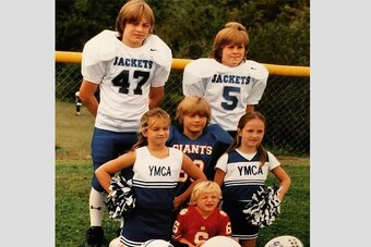 The Boulware siblings as children: Garrett (No. 47), Ben (in blue), Bailee (left) and Cameron (in red), with cousins Cody and Abby.