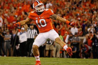 CLEMSON, SC - OCTOBER 01:  Ben Boulware #10 of the Clemson Tigers reacts after a sack against the Louisville Cardinals at Memorial Stadium on October 1, 2016 in Clemson, South Carolina.  (Photo by Tyler Smith/Getty Images)