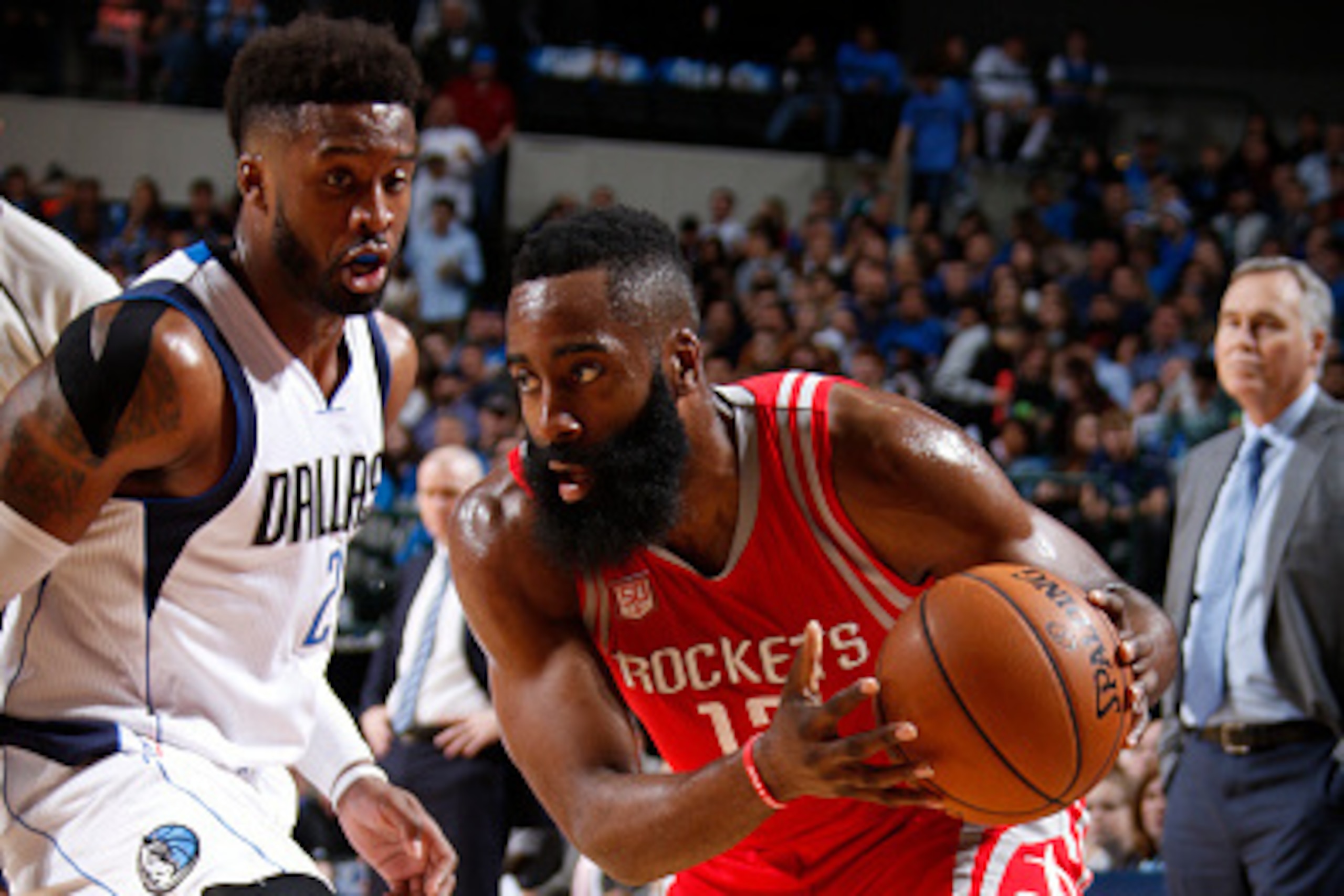 DALLAS, TX - DECEMBER 27: James Harden #13 of the Houston Rockets handles the ball against the Dallas Mavericks on December 27, 2016 at the American Airlines Center in Dallas, Texas. NOTE TO USER: User expressly acknowledges and agrees that, by downloadin DALLAS, TX - DECEMBER 27: James Harden #13 of the Houston Rockets handles the ball against the Dallas Mavericks on December 27, 2016 at the American Airlines Center in Dallas, Texas. NOTE TO USER: User expressly acknowledges and agrees that, by downloadin