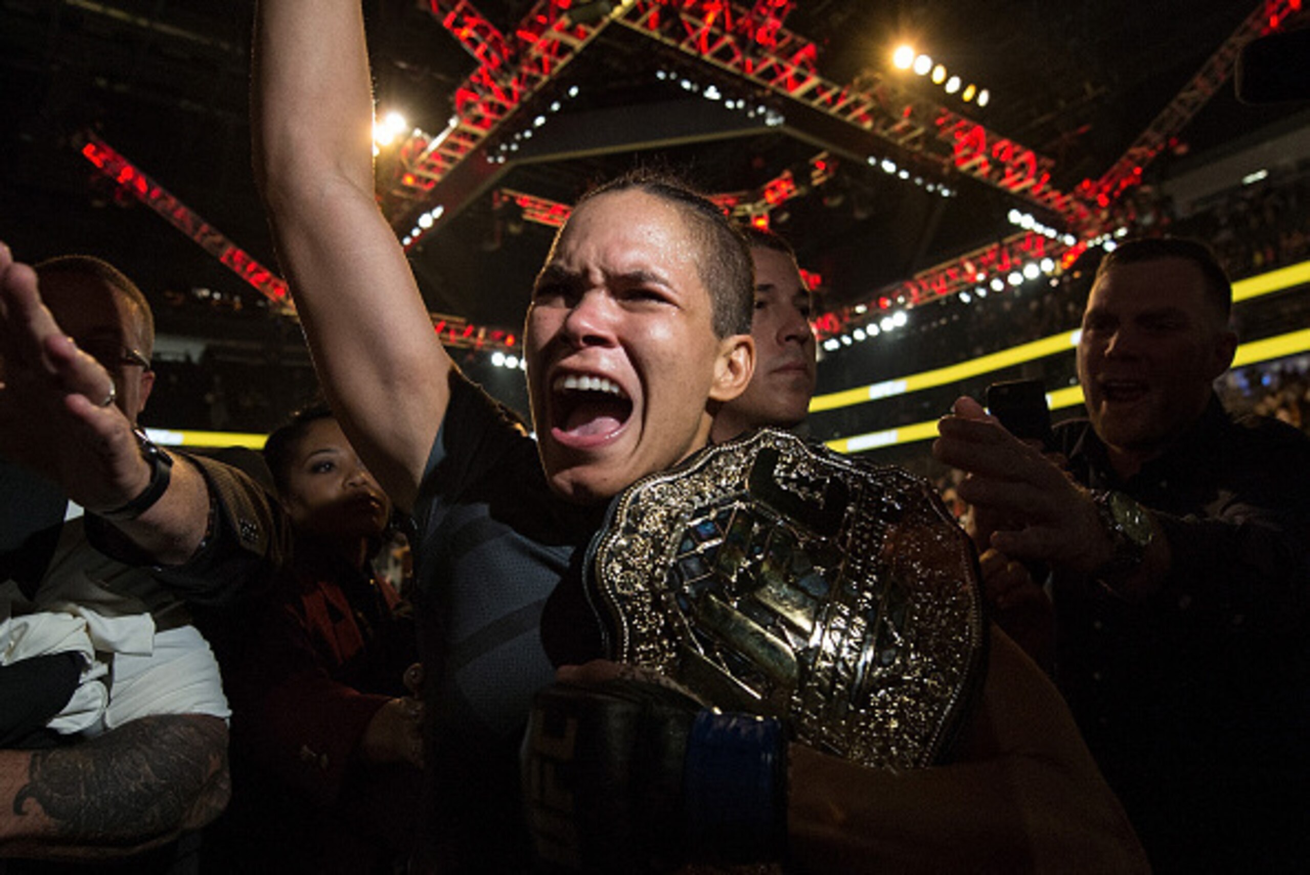 LAS VEGAS, NV - JULY 09:  Amanda Nunes of Brazil exits the Octagon after defeating Miesha Tate during the UFC 200 event on July 9, 2016 at T-Mobile Arena in Las Vegas, Nevada.  (Photo by Brandon Magnus/Zuffa LLC/Zuffa LLC via Getty Images)