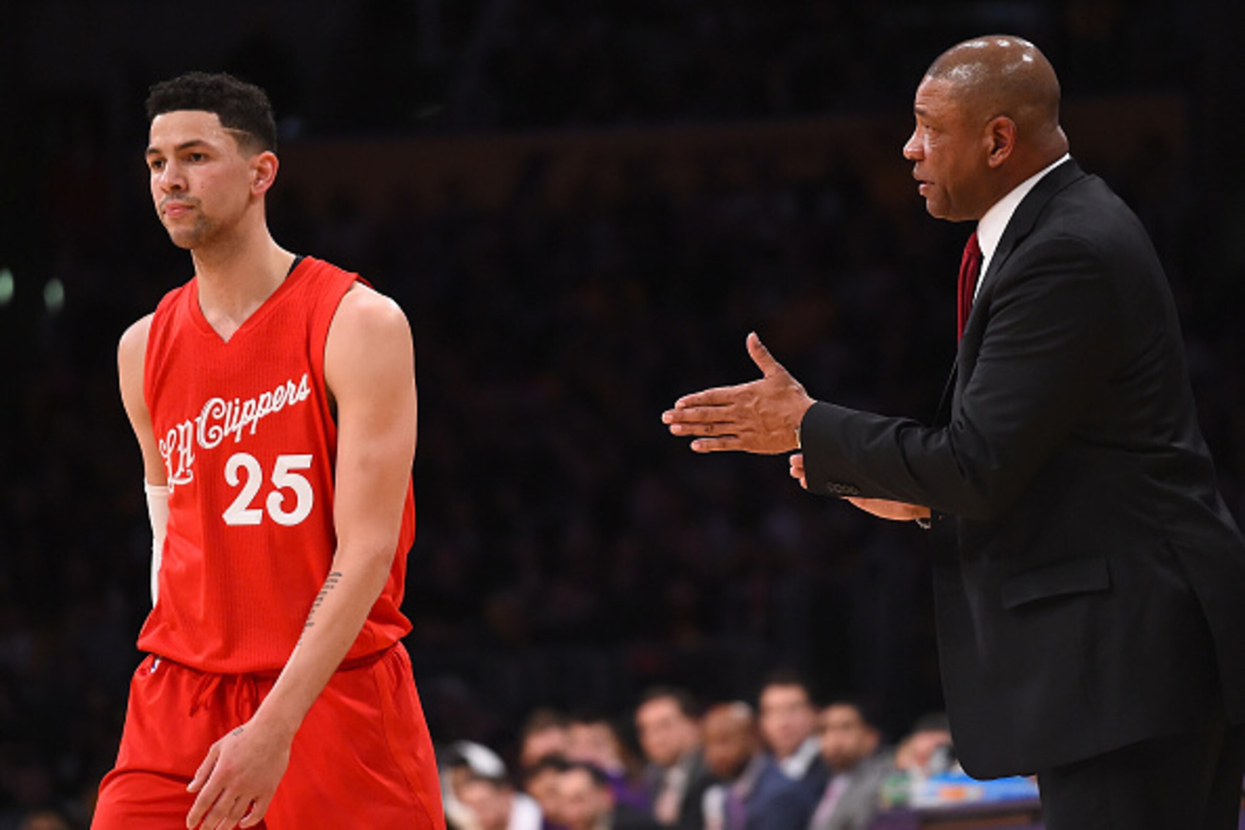 LOS ANGELES, CA - DECEMBER 25: Head coach Doc Rivers of the Los Angeles Clippers talks to Austin Rivers #25 of the Los Angeles Clippers in the second half of the game against the Los Angeles Lakers at Staples Center on December 25, 2016 in Los Angeles, C LOS ANGELES, CA - DECEMBER 25: Head coach Doc Rivers of the Los Angeles Clippers talks to Austin Rivers #25 of the Los Angeles Clippers in the second half of the game against the Los Angeles Lakers at Staples Center on December 25, 2016 in Los Angeles, C