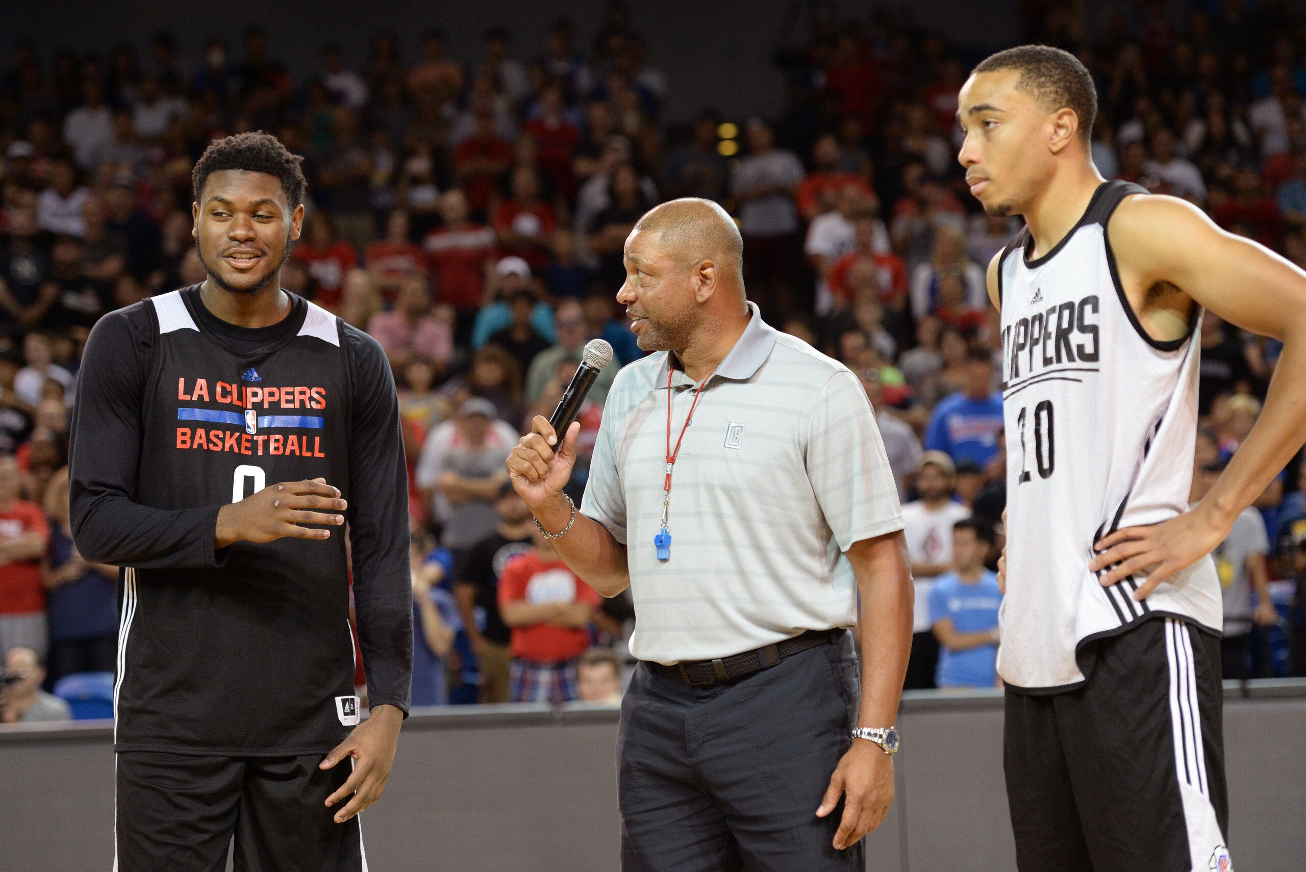 IRVINE, CA - OCTOBER 1: Diamond Stone #0, Doc Rivers and Brice Johnson #10 of the Los Angeles Clippers talk to the crowd during a team practice at Bren Event Center on the campus of University of California Irvine on October 1, 2016 in Irvine, California IRVINE, CA - OCTOBER 1: Diamond Stone #0, Doc Rivers and Brice Johnson #10 of the Los Angeles Clippers talk to the crowd during a team practice at Bren Event Center on the campus of University of California Irvine on October 1, 2016 in Irvine, California