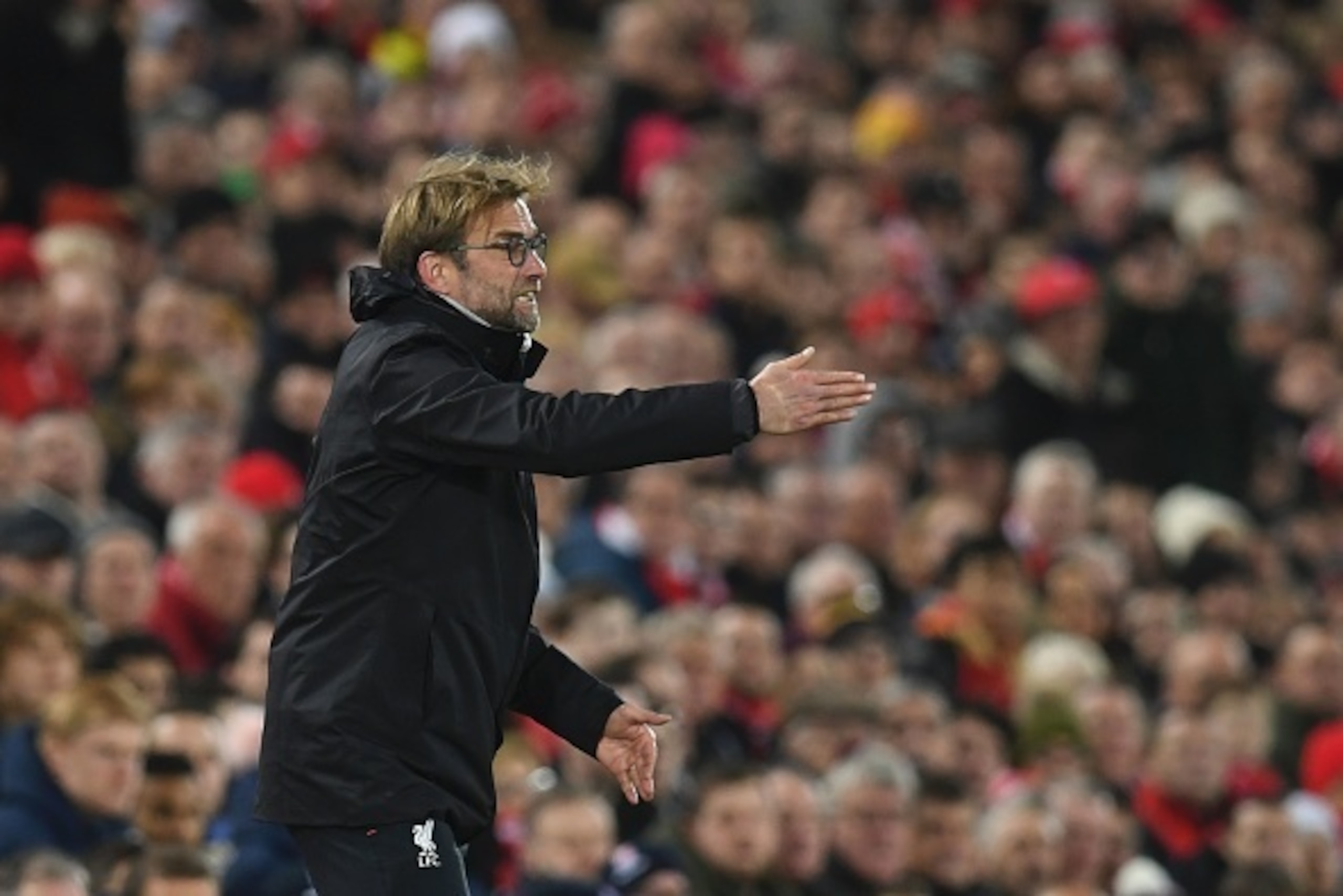 Liverpool's German manager Jurgen Klopp gestures from the touchline during the English Premier League football match between Liverpool and Stoke City at Anfield in Liverpool, north west England on December 27, 2016. / AFP / Paul ELLIS / RESTRICTED TO EDIT Liverpool's German manager Jurgen Klopp gestures from the touchline during the English Premier League football match between Liverpool and Stoke City at Anfield in Liverpool, north west England on December 27, 2016. / AFP / Paul ELLIS / RESTRICTED TO EDIT