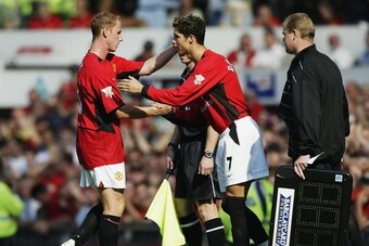 MANCHESTER, ENGLAND - AUGUST 16:  Cristiano Ronaldo of Man Utd makes his debut during the FA Barclaycard Premiership match between Manchester United and Bolton Wanderers at Old Trafford on August 16, 2003 in Manchester, England. (Photo by Alex Livesey/Get