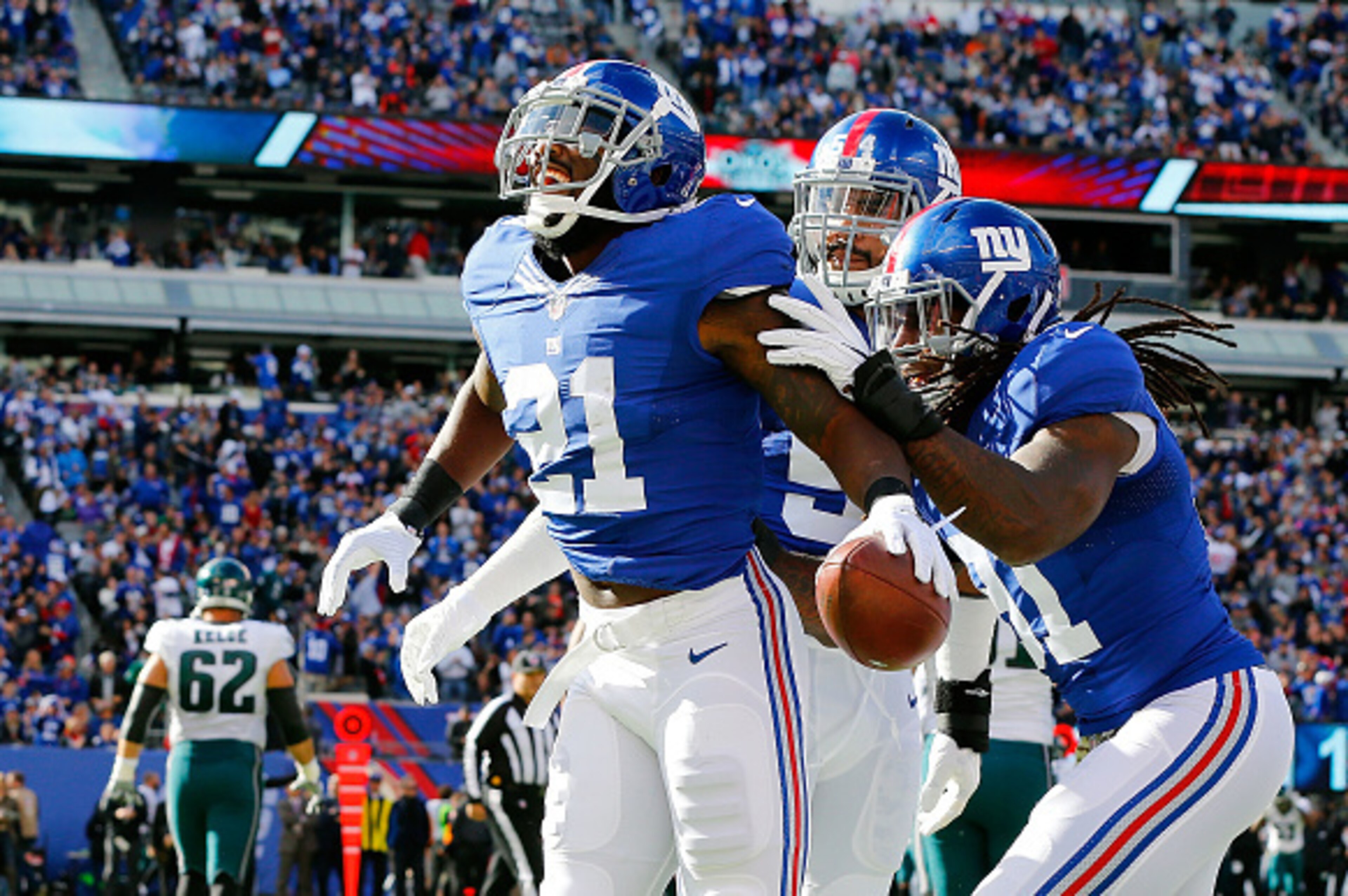 EAST RUTHERFORD, NJ - NOVEMBER 06:  (NEW YORK DAILIES OUT)    Landon Collins #21 of the New York Giants celebrates an interception against the Philadelphia Eagles on November 6, 2016 at MetLife Stadium in East Rutherford, New Jersey. The Giants defeated t