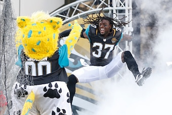 JACKSONVILLE, FL - AUGUST 20: Jonathan Cyprien #37 of the Jacksonville Jaguars is introduced prior to the preseason game against the Tampa Bay Buccaneers on August 20, 2016 at EverBank Field in Jacksonville, Florida. Tampa Bay defeated Jacksonville 27-21.