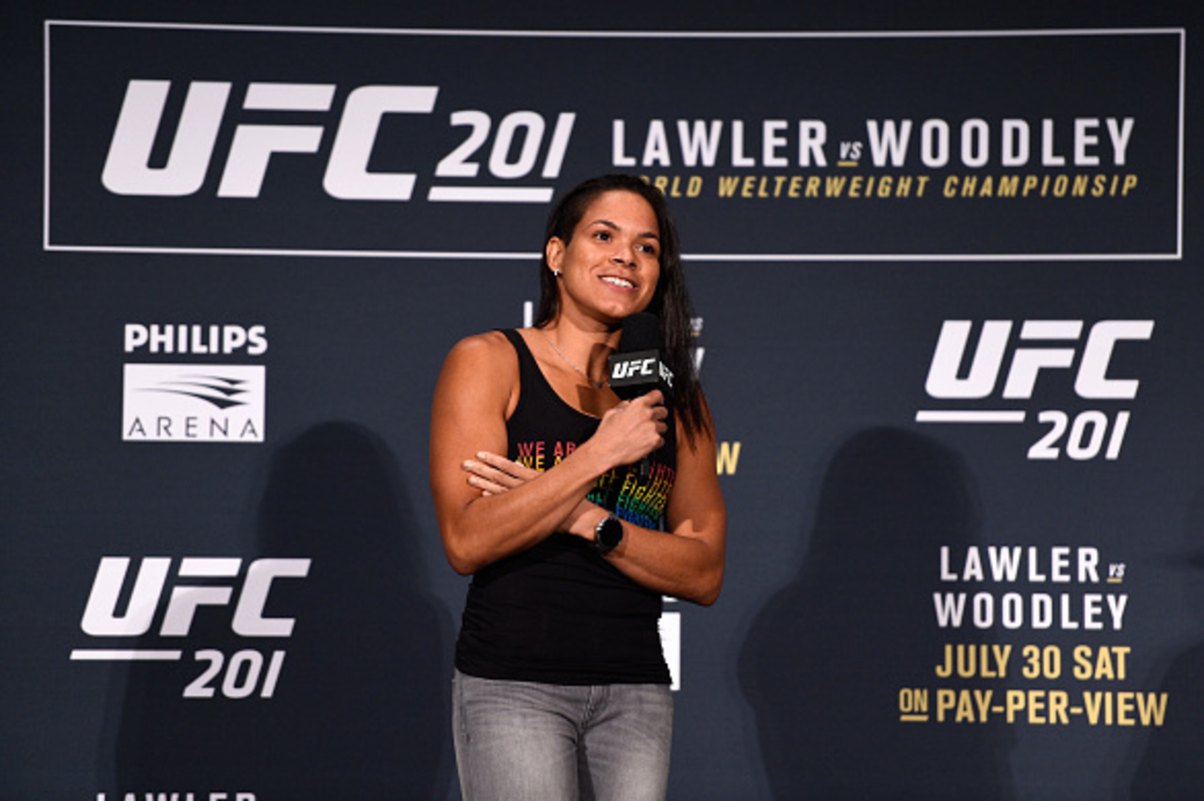 ATLANTA, GA - JULY 29: UFC women's bantamweight champion Amanda Nunes interacts with fans during a Q&A session before the UFC 201 weigh-in at Fox Theatre on July 29, 2016 in Atlanta, Georgia. (Photo by Jeff Bottari/Zuffa LLC/Zuffa LLC via Getty Images) ATLANTA, GA - JULY 29: UFC women's bantamweight champion Amanda Nunes interacts with fans during a Q&A session before the UFC 201 weigh-in at Fox Theatre on July 29, 2016 in Atlanta, Georgia. (Photo by Jeff Bottari/Zuffa LLC/Zuffa LLC via Getty Images)