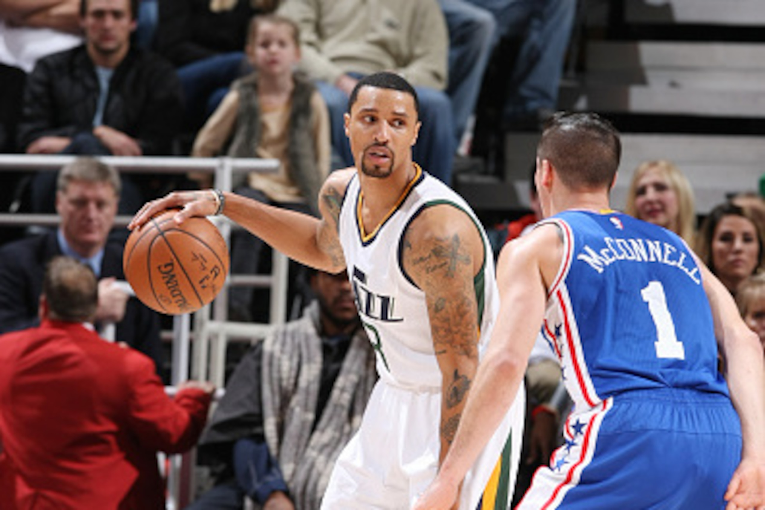 SALT LAKE CITY, UT - DECEMBER 29:  George Hill #3 of the Utah Jazz handles the ball against the Philadelphia 76ers during the game on December 29, 2016 at vivint.SmartHome Arena in Salt Lake City, Utah. NOTE TO USER: User expressly acknowledges and agrees