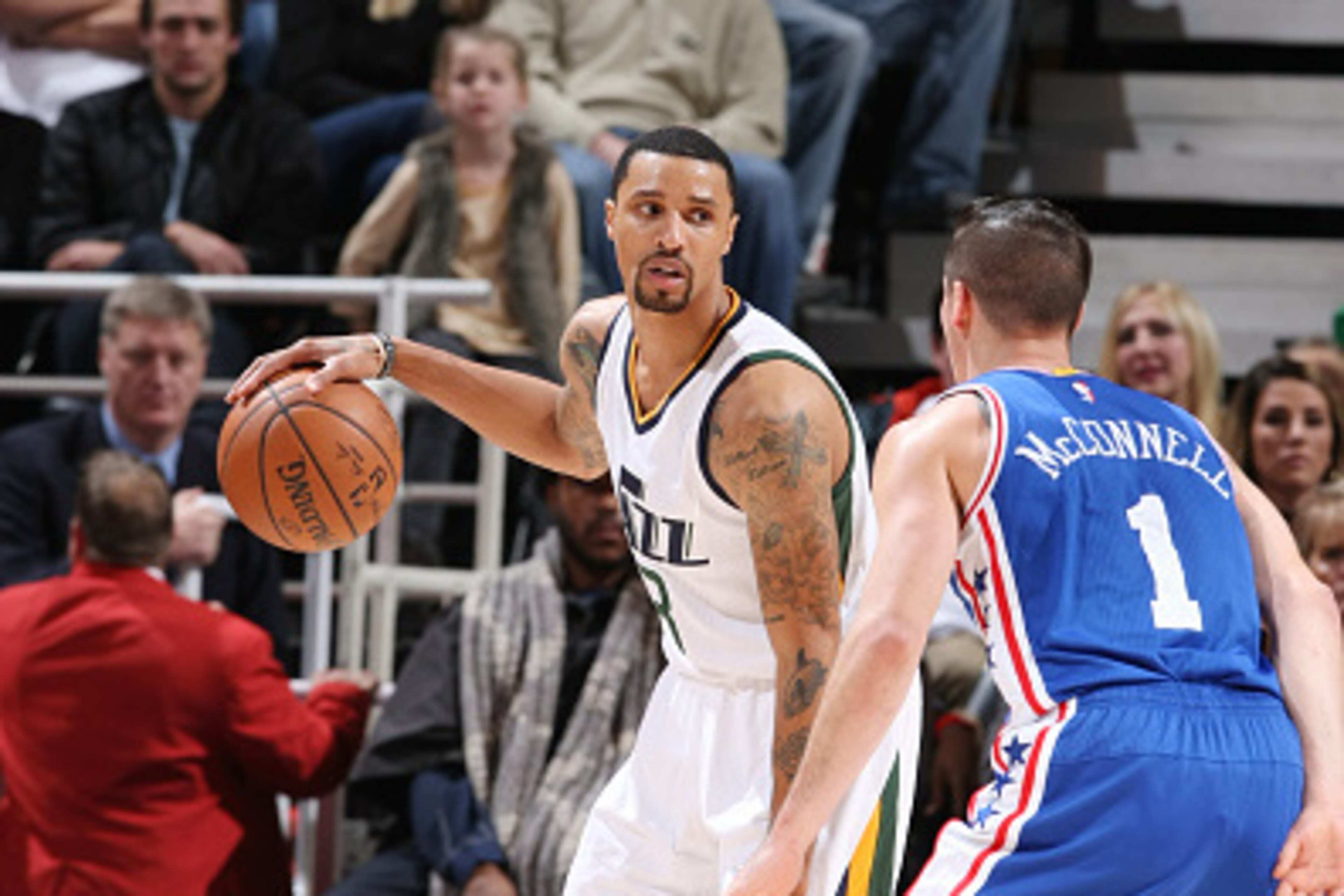 SALT LAKE CITY, UT - DECEMBER 29:  George Hill #3 of the Utah Jazz handles the ball against the Philadelphia 76ers during the game on December 29, 2016 at vivint.SmartHome Arena in Salt Lake City, Utah. NOTE TO USER: User expressly acknowledges and agrees