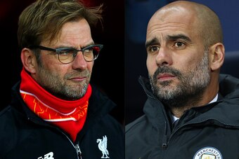 FILE PHOTO (EDITORS NOTE: COMPOSITE OF TWO IMAGES - Image numbers (L) 502929058 and 629845764) In this composite image a comparision has been made between Jurgen Klopp, manager of Liverpool (L) and Josep Guardiola, Manager of Manchester City. Liverpool an