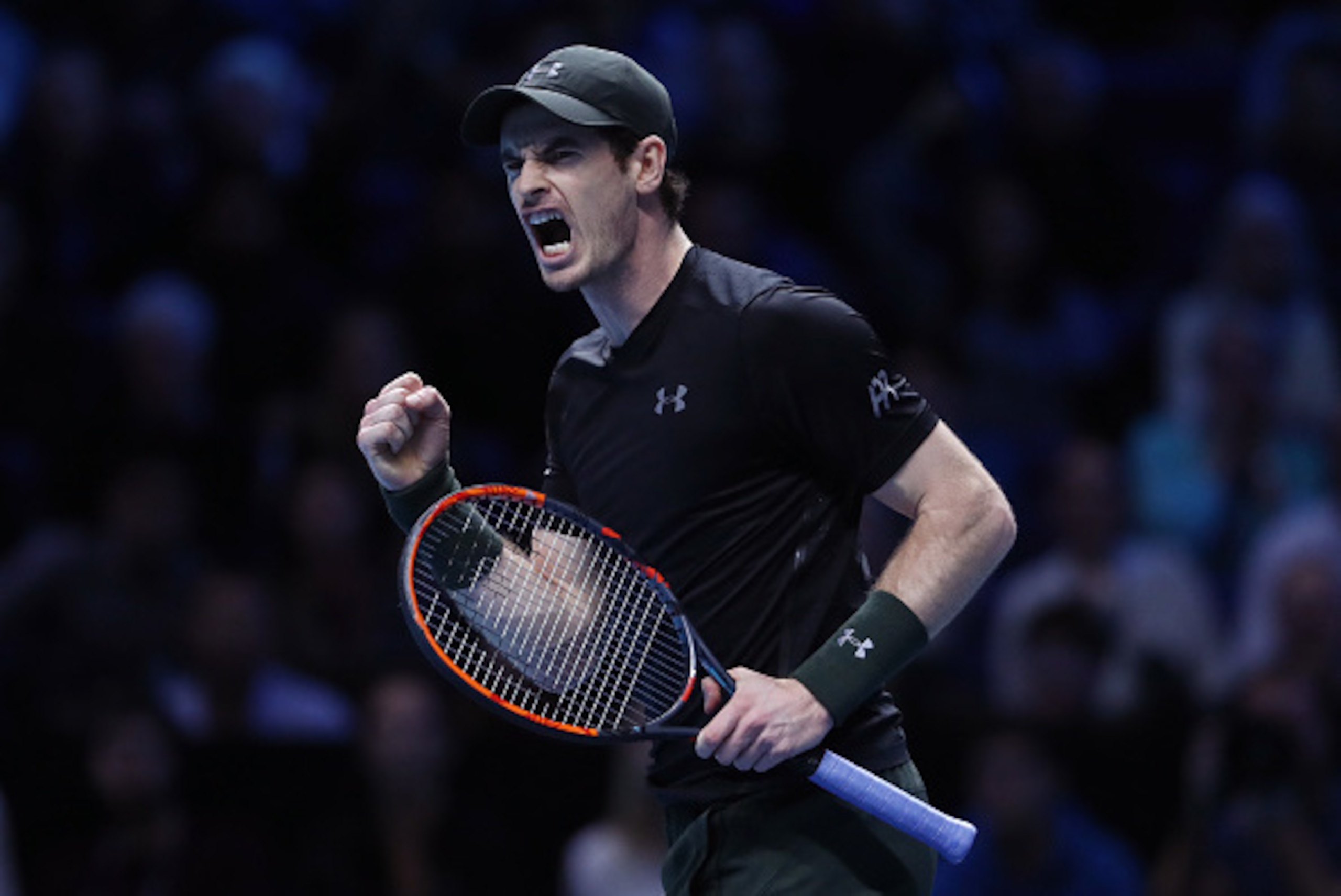 LONDON, ENGLAND - NOVEMBER 20:  Andy Murray of Great Britain celebrates a point during the Singles Final against Novak Djokovic of Serbia at the O2 Arena on November 20, 2016 in London, England.  (Photo by Julian Finney/Getty Images)