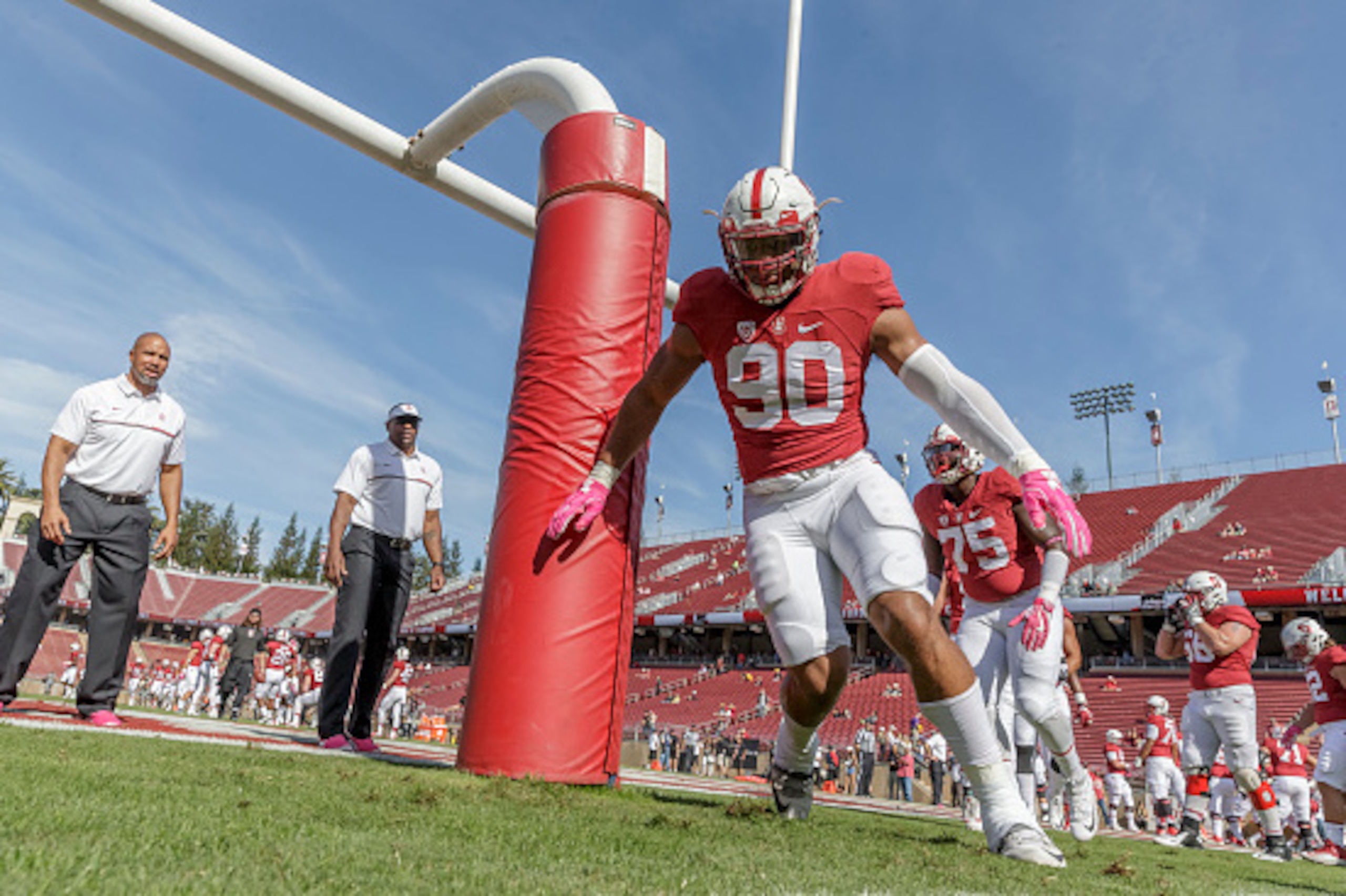 PALO ALTO, CA - OCTOBER 22:  Solomon Thomas #90 of the Stanford Cardinal warms up before an NCAA Pac-12 football game against the University of Colorado Buffaloes played on October 22, 2016 at Stanford Stadium on the campus of Stanford University in Palo 