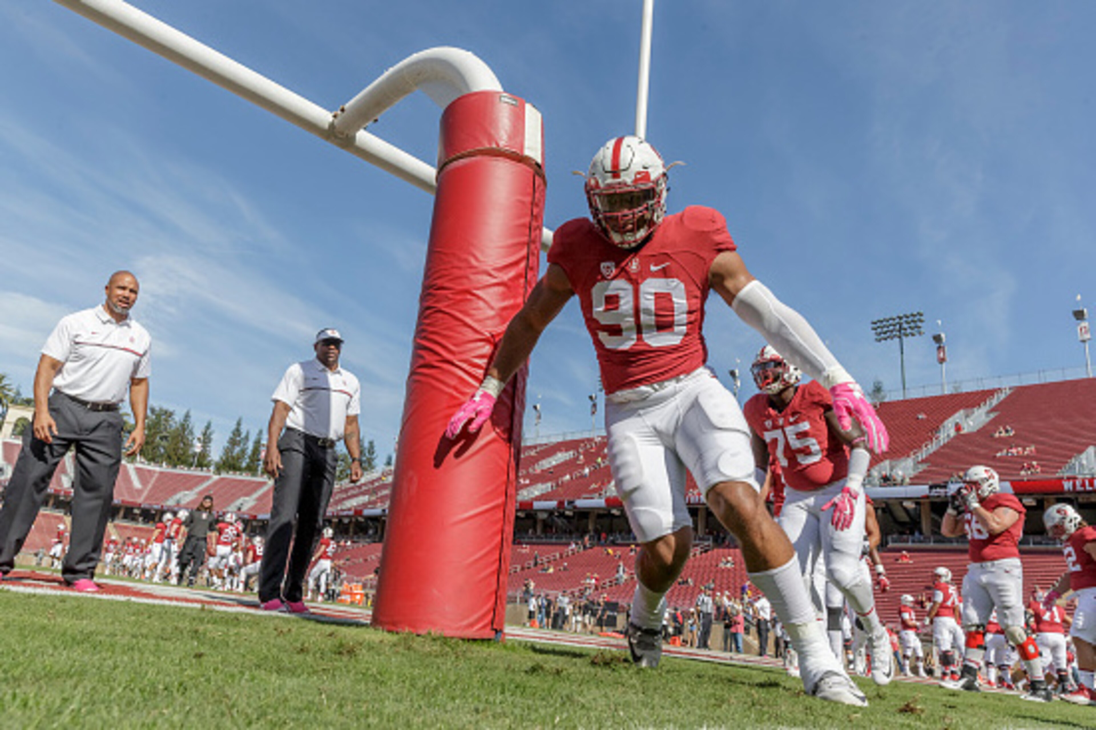PALO ALTO, CA - OCTOBER 22:  Solomon Thomas #90 of the Stanford Cardinal warms up before an NCAA Pac-12 football game against the University of Colorado Buffaloes played on October 22, 2016 at Stanford Stadium on the campus of Stanford University in Palo 