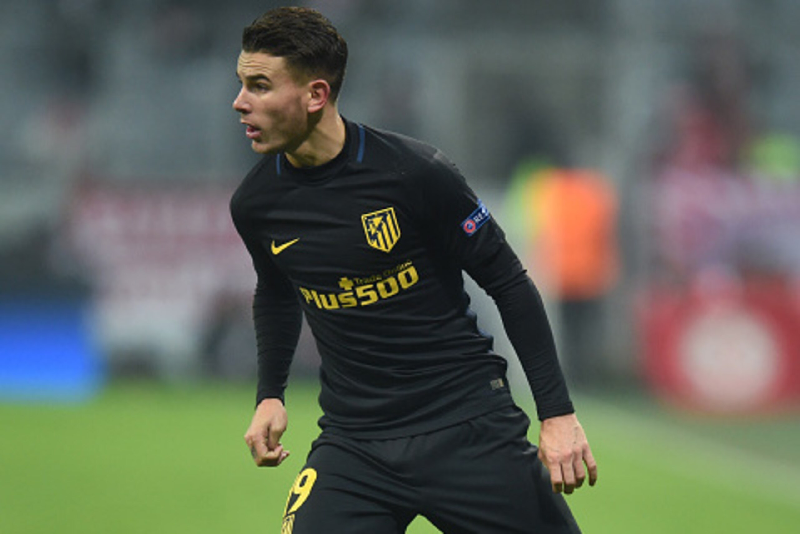 Atletico Madrid's French defender Lucas Hernandez plays the ball during the UEFA Champions League group D match between FC Bayern Munich and Atletico Madrid in the stadium in Munich, southern Germany, on December 6, 2016. / AFP / CHRISTOF STACHE        (P