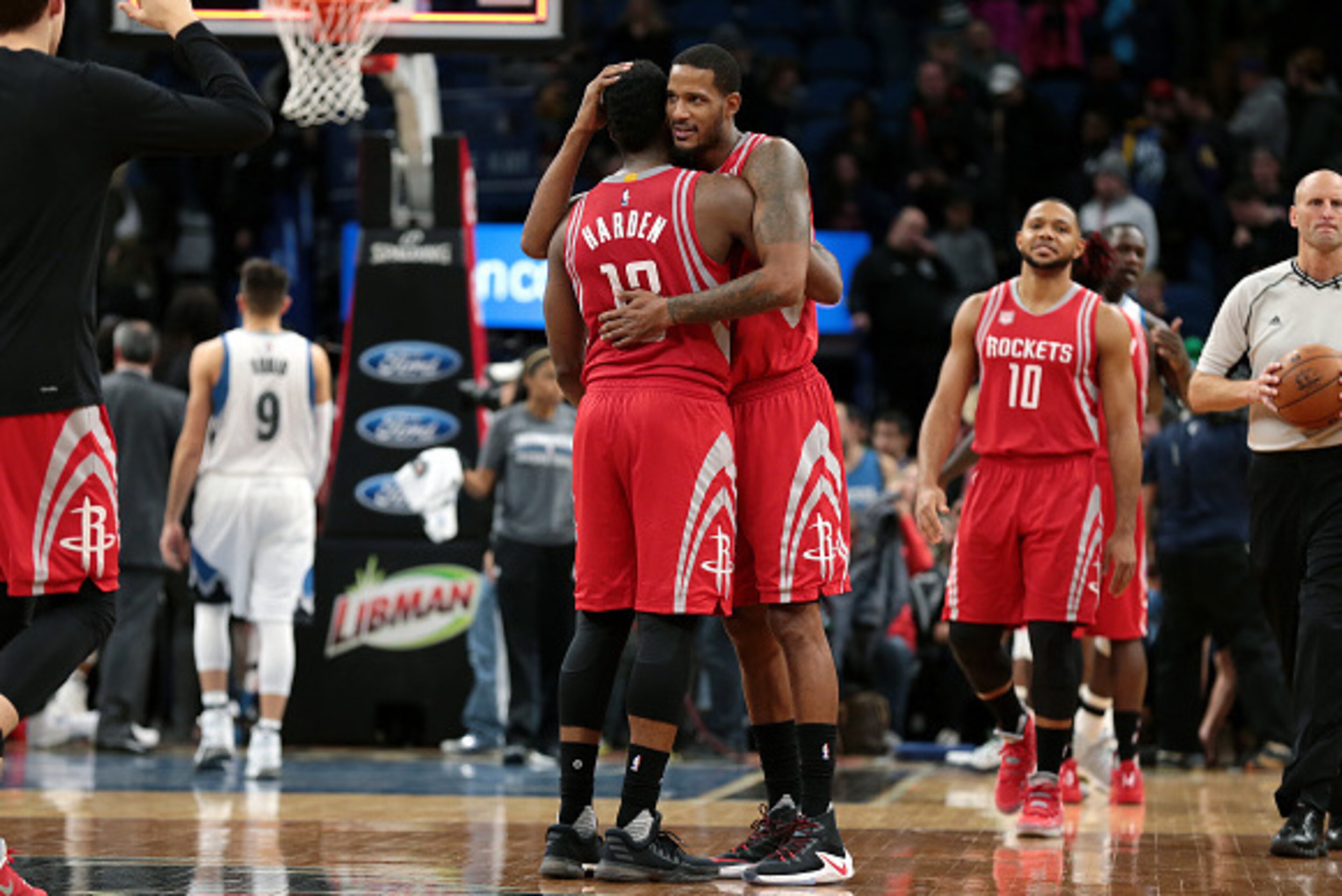 MINNEAPOLIS, MN -  DECEMBER 17: Trevor Ariza #1 and James Harden #13 of the Houston Rockets share a hug after the game against the Minnesota Timberwolves on December 17, 2016 at Target Center in Minneapolis, Minnesota. NOTE TO USER: User expressly acknowl