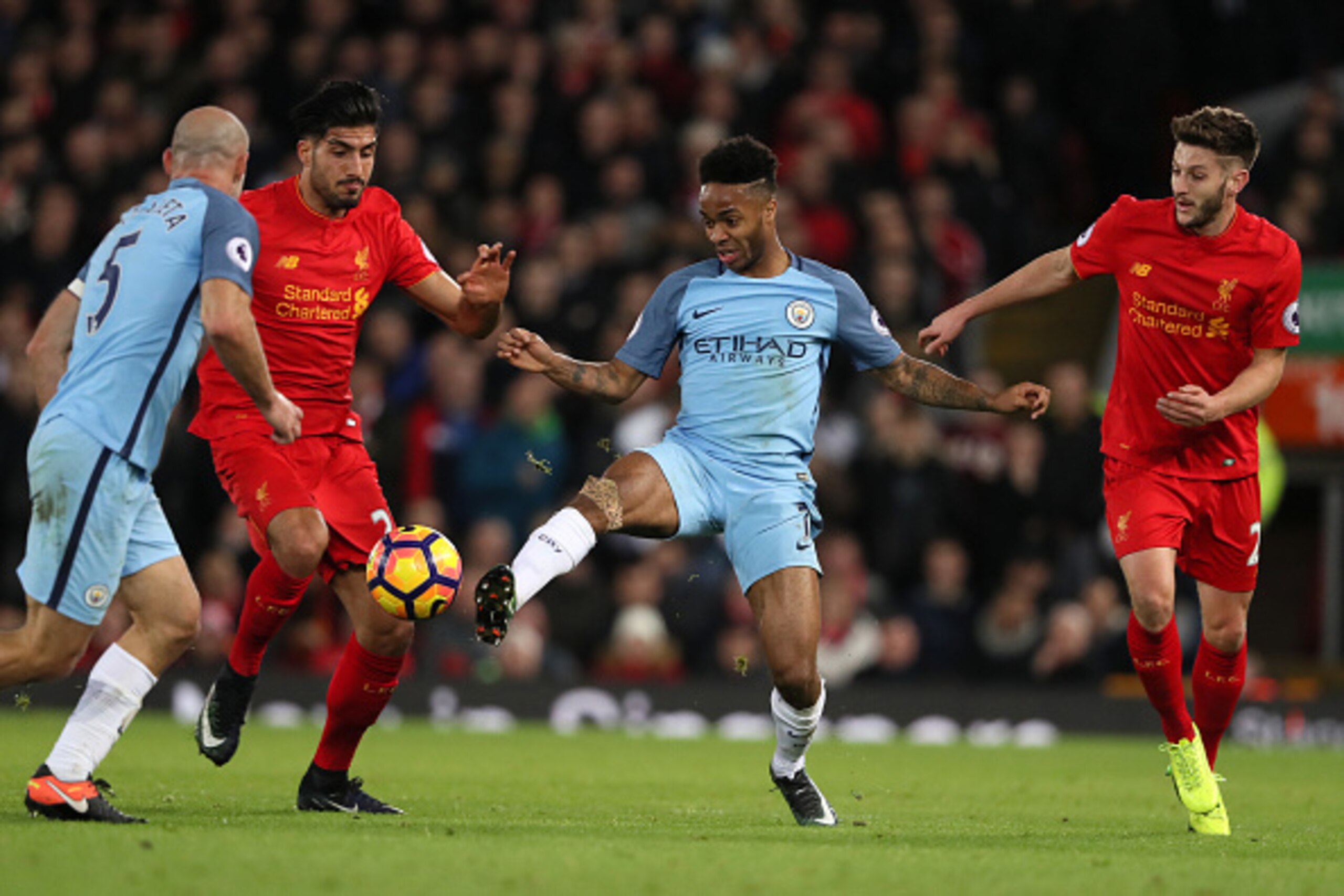 LIVERPOOL, ENGLAND - DECEMBER 31: Raheem Sterling of Manchester City during the Premier League match between Liverpool and Manchester City at Anfield on December 31, 2016 in Liverpool, England. (Photo by Matthew Ashton - AMA/Getty Images)