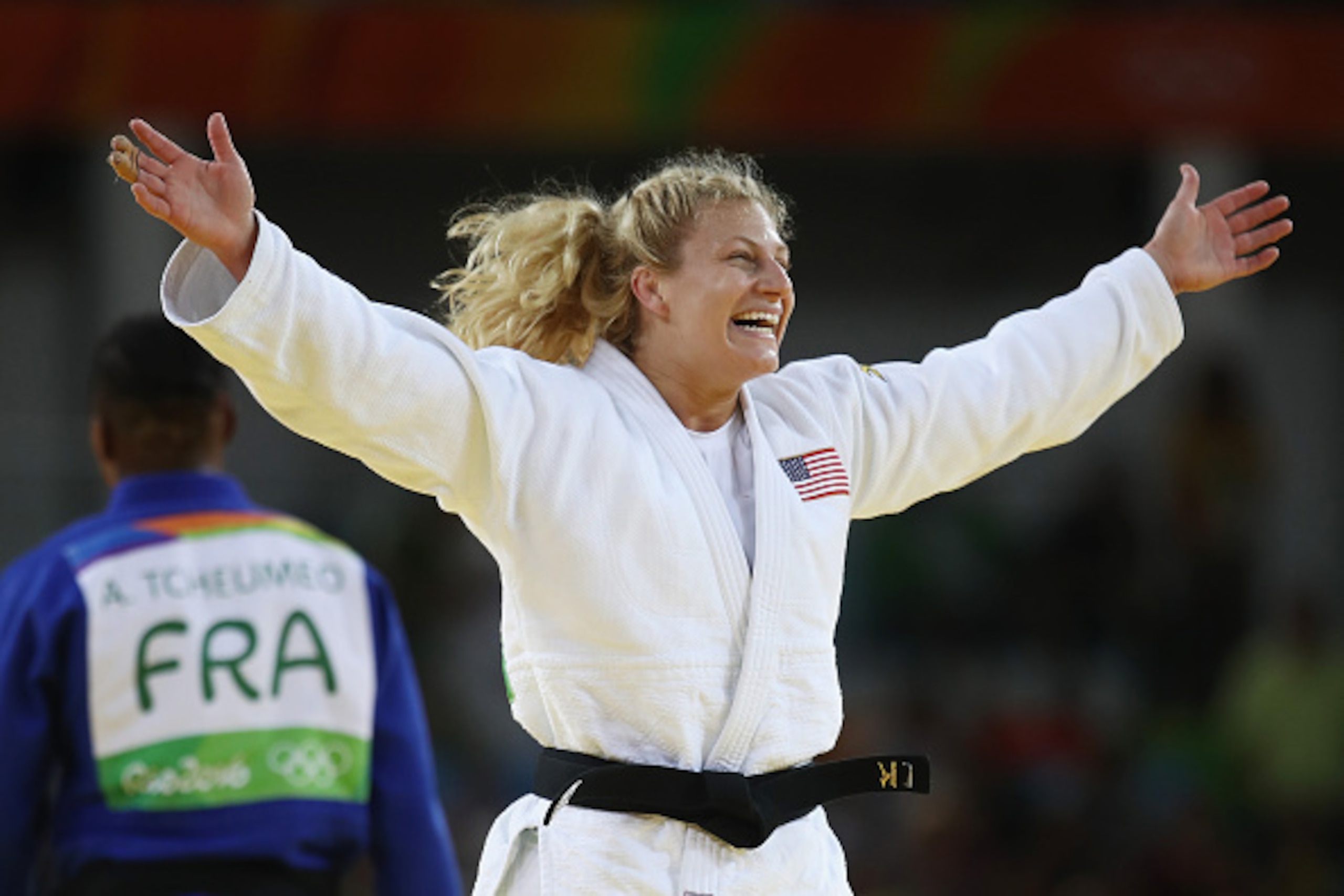 RIO DE JANEIRO, BRAZIL - AUGUST 11:  Kayla Harrison of the United States celebrates after defeating Audrey Tcheumeo of France during the women's -78kg gold medal judo contest on Day 6 of the 2016 Rio Olympics at Carioca Arena 2 on August 11, 2016 in Rio d