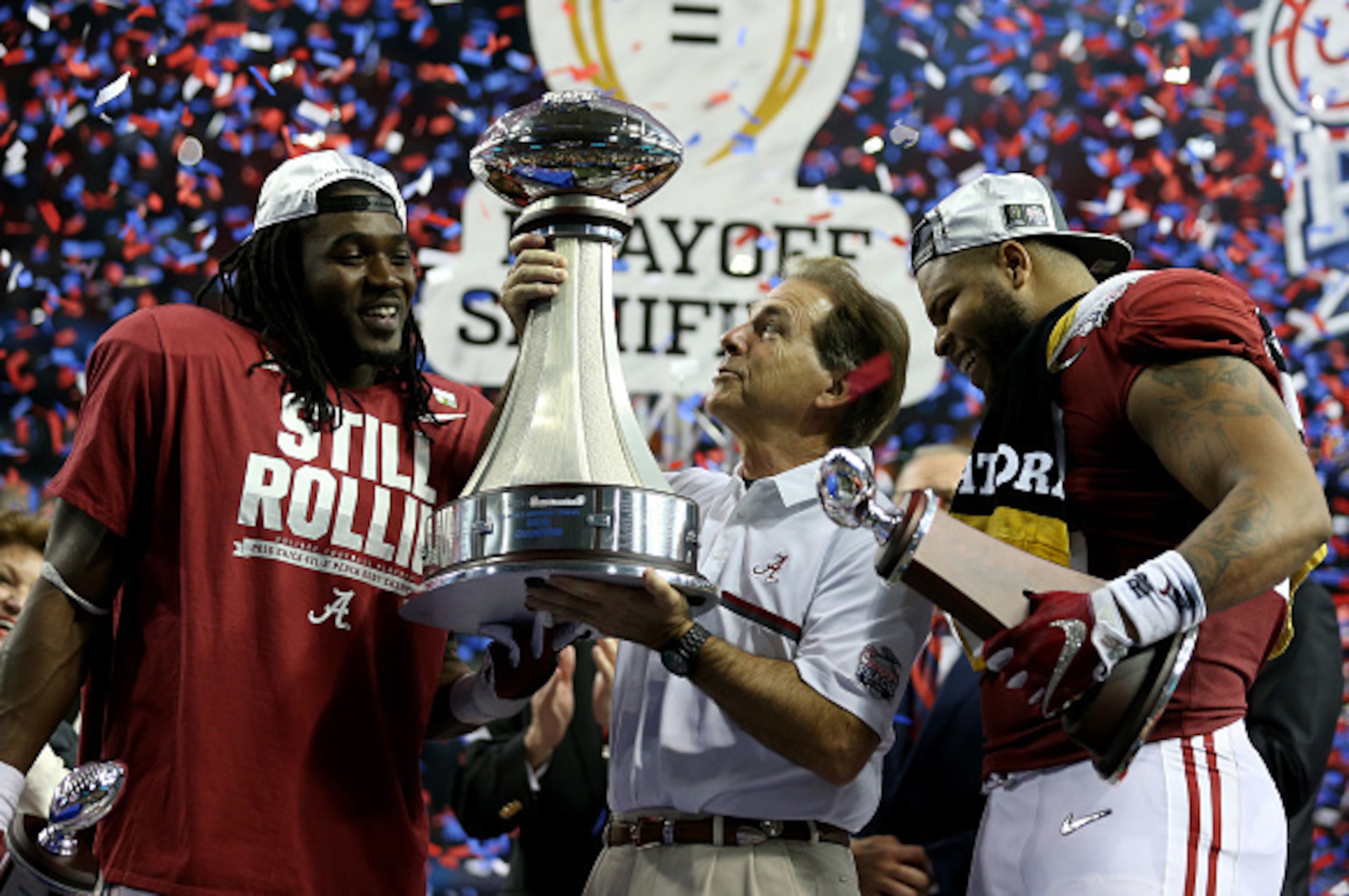 ATLANTA, GA - DECEMBER 31:  Head Coach Nick Saban of the Alabama Crimson Tide celebrates with offensive player of the game Bo Scarbrough #9 of the Alabama Crimson Tide and defensive play of the game Ryan Anderson #22 of the Alabama Crimson Tide after winn
